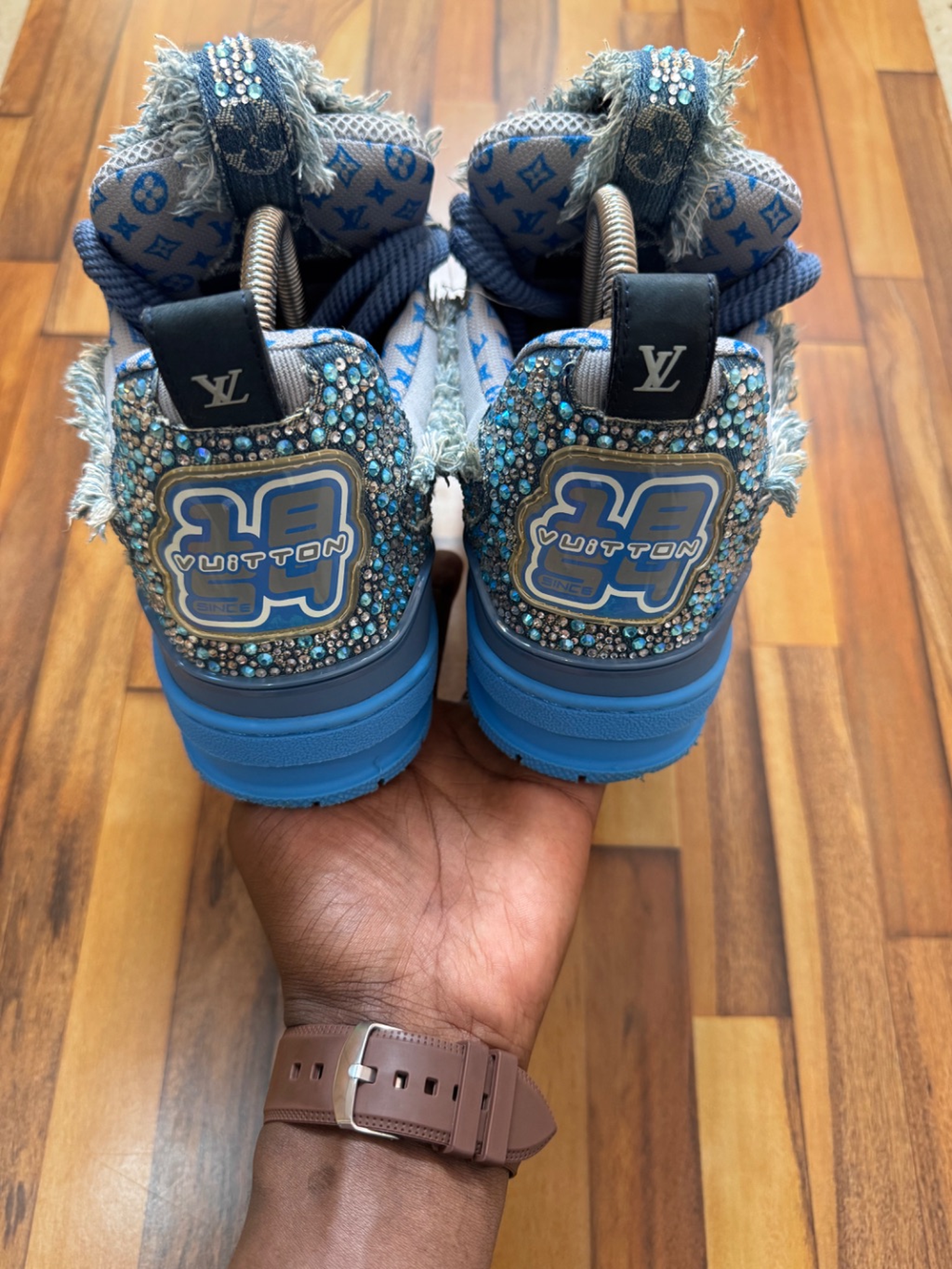 LOUIS VUITTON SKATE TRAINER SNEAKERS IN BLUE WITH A SWAROVSKI MONOGRAM PATTERN 