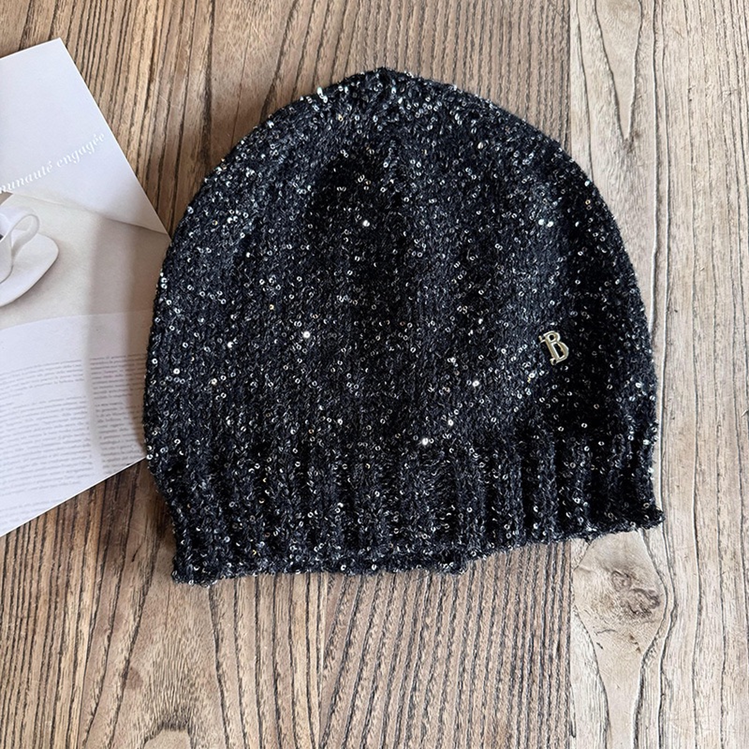 Shiny knitted beanie hat