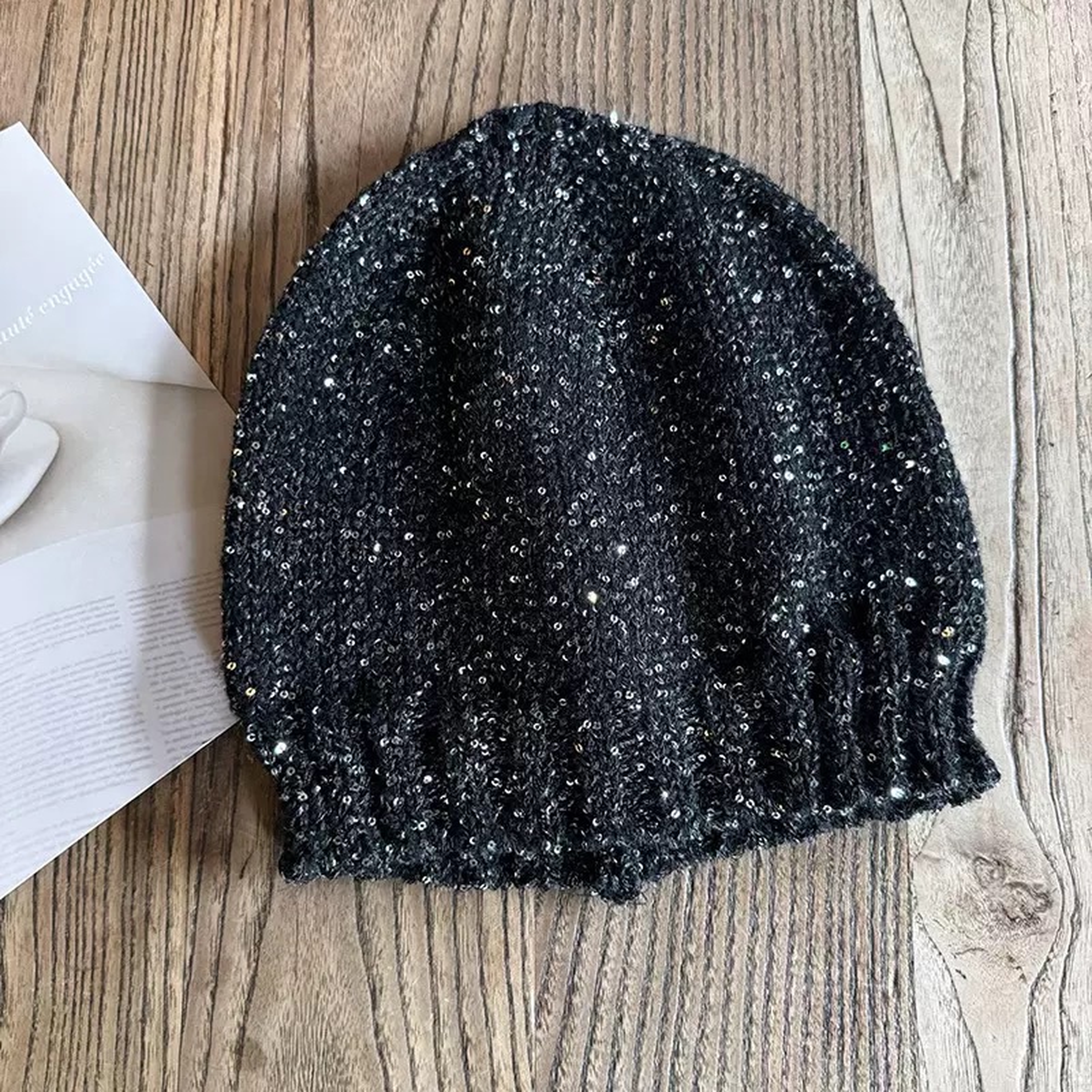 Shiny knitted beanie hat