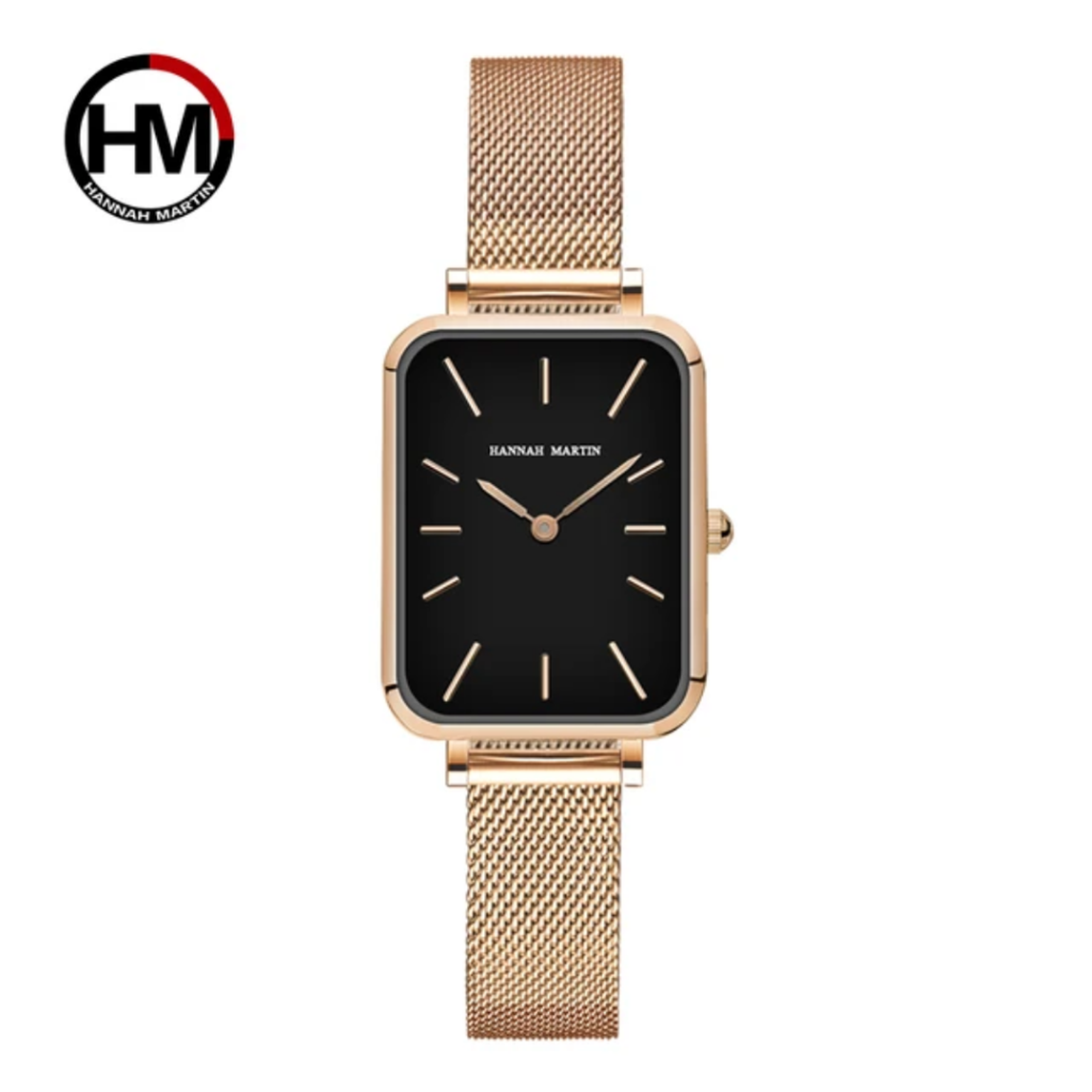 Rose Gold Rectangular Hannah Martin Watch with Black Face + Matching Bracelet Set