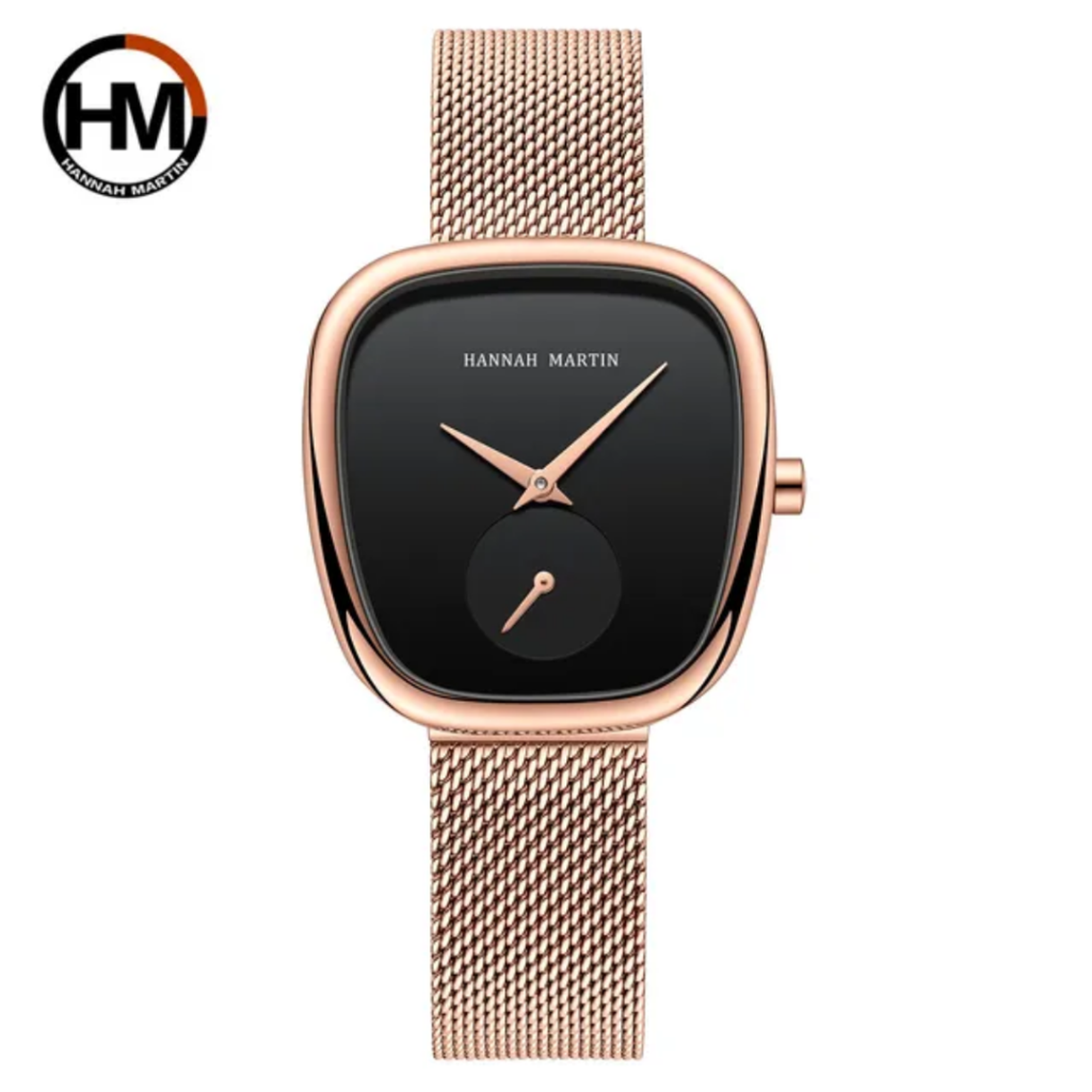 Rose Gold Curved Square Hannah Martin Watch with Black Face + Matching Bracelet Set