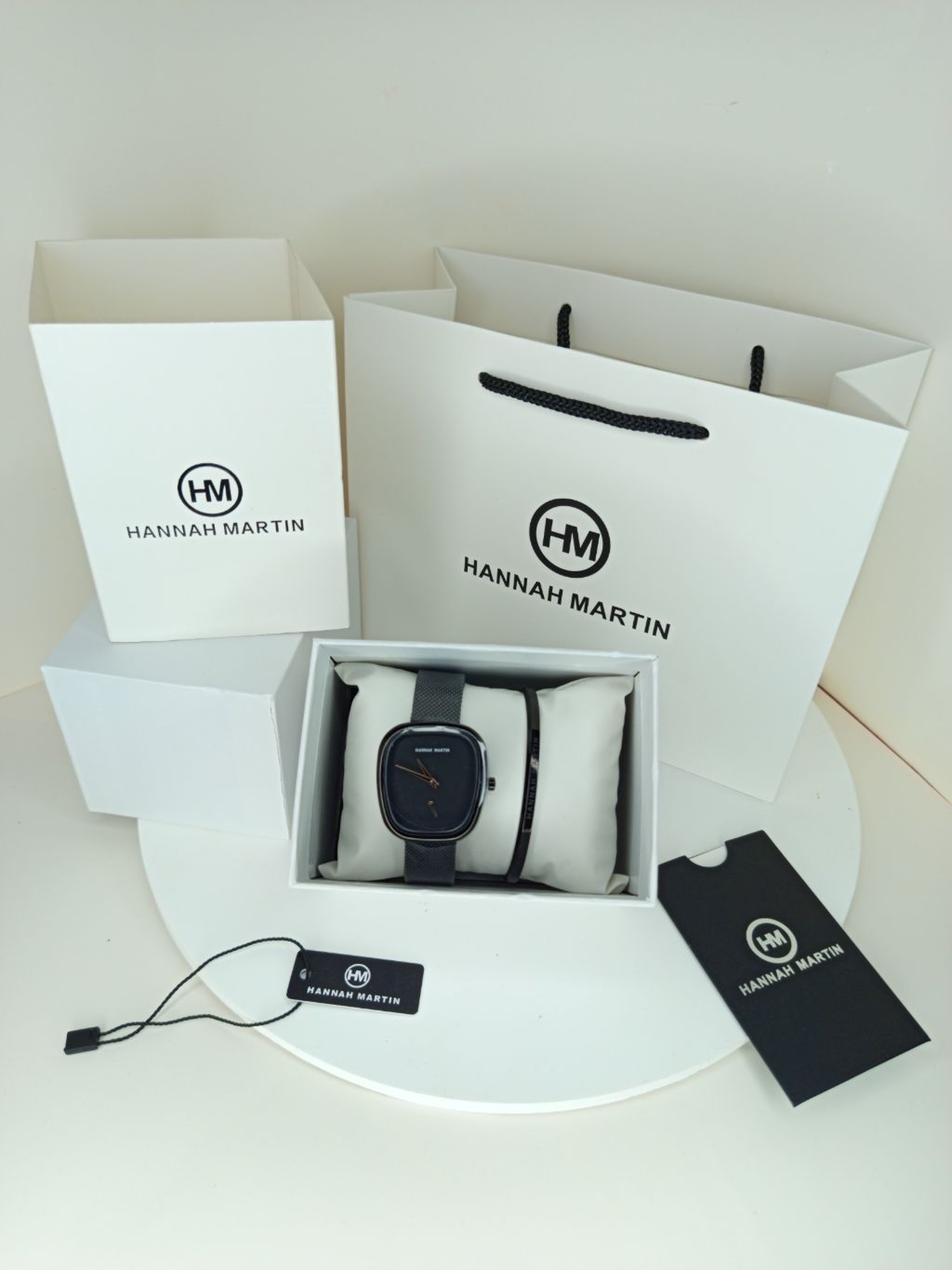 Black Curved Square Hannah Martin Watch with Black Face + Matching Bracelet Set