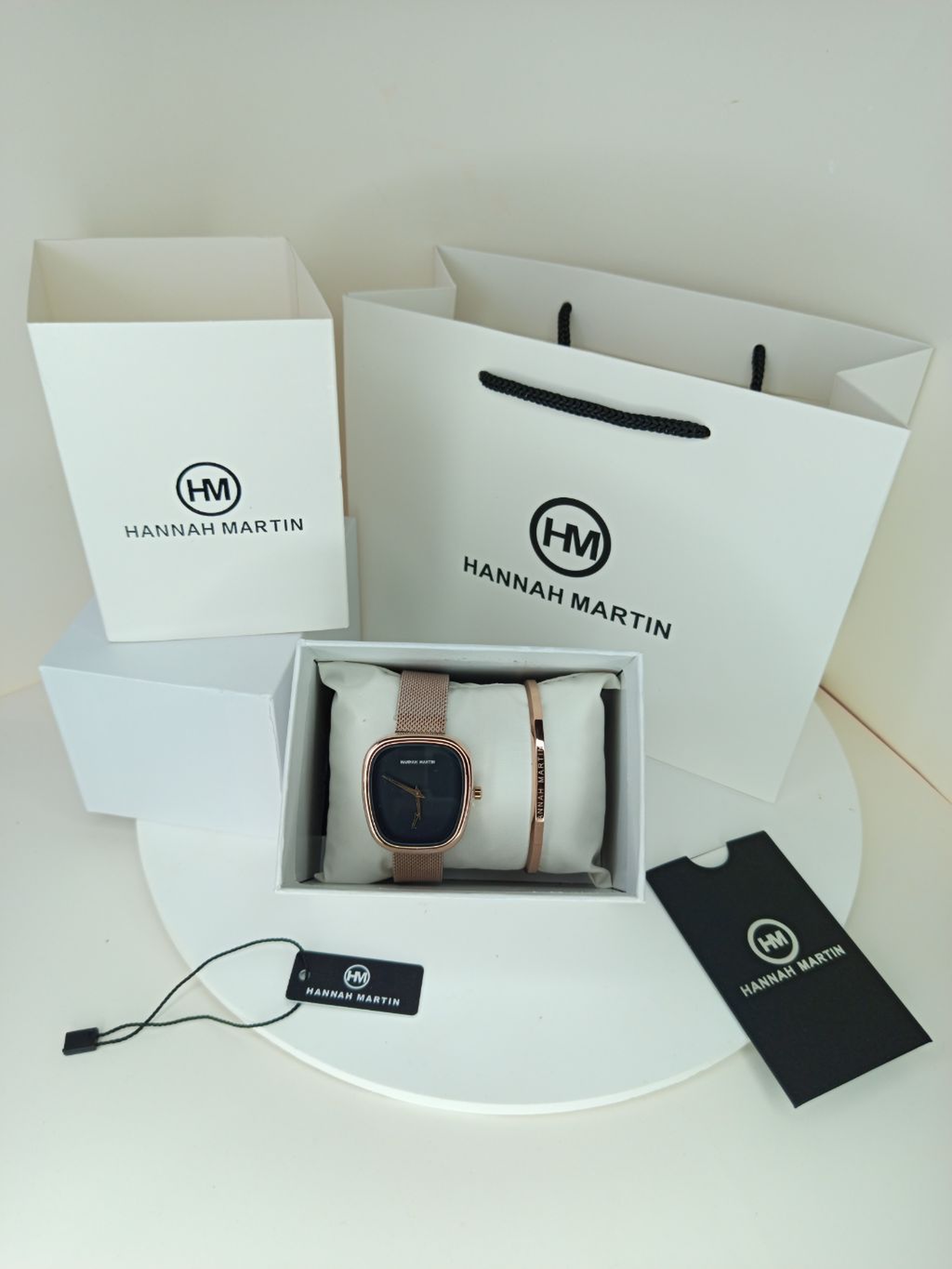 Rose Gold Curved Square Hannah Martin Watch with Black Face + Matching Bracelet Set
