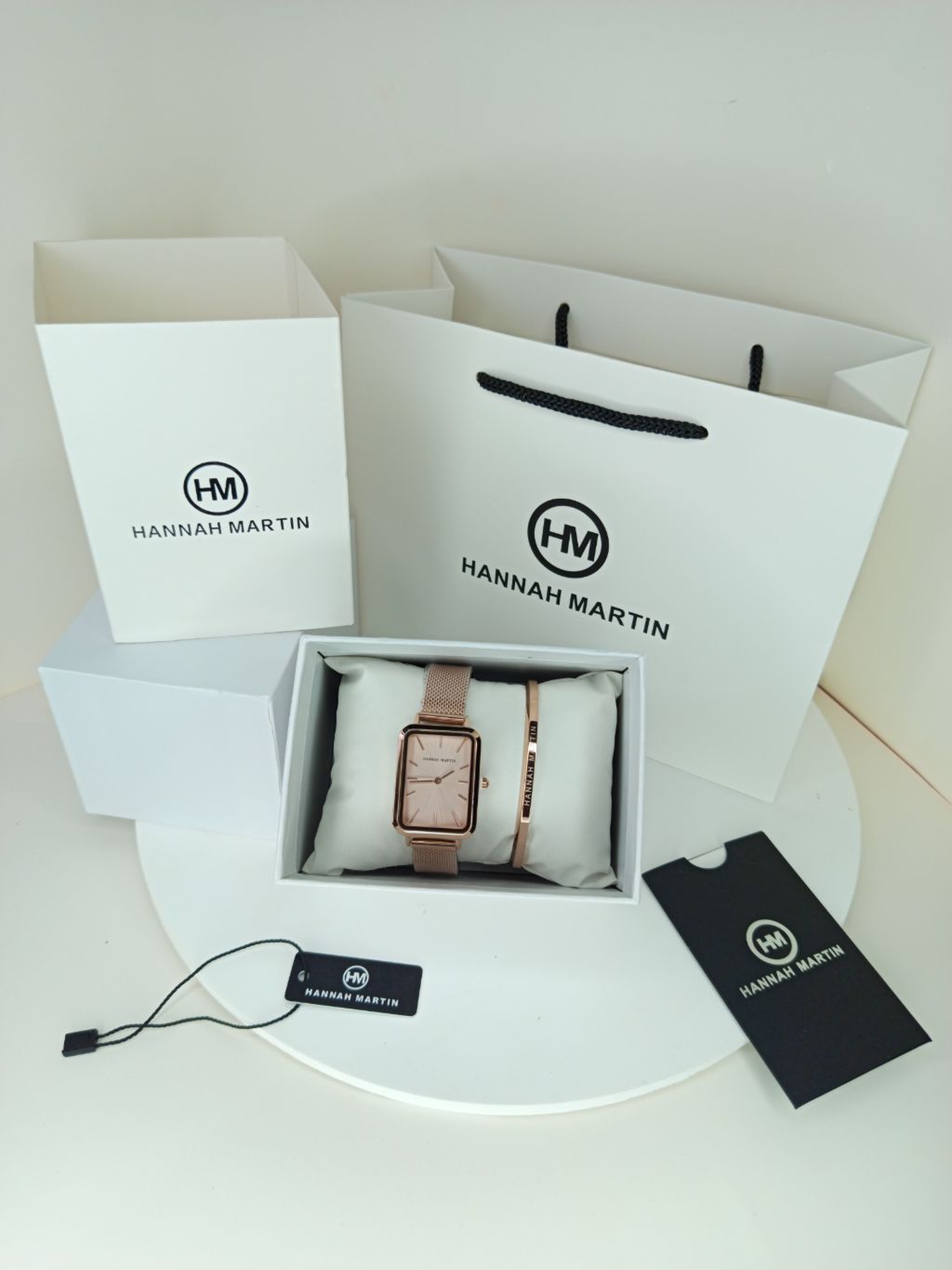 Rose Gold Rectangular Hannah Martin Watch with Rose Gold Face + Matching Bracelet Set