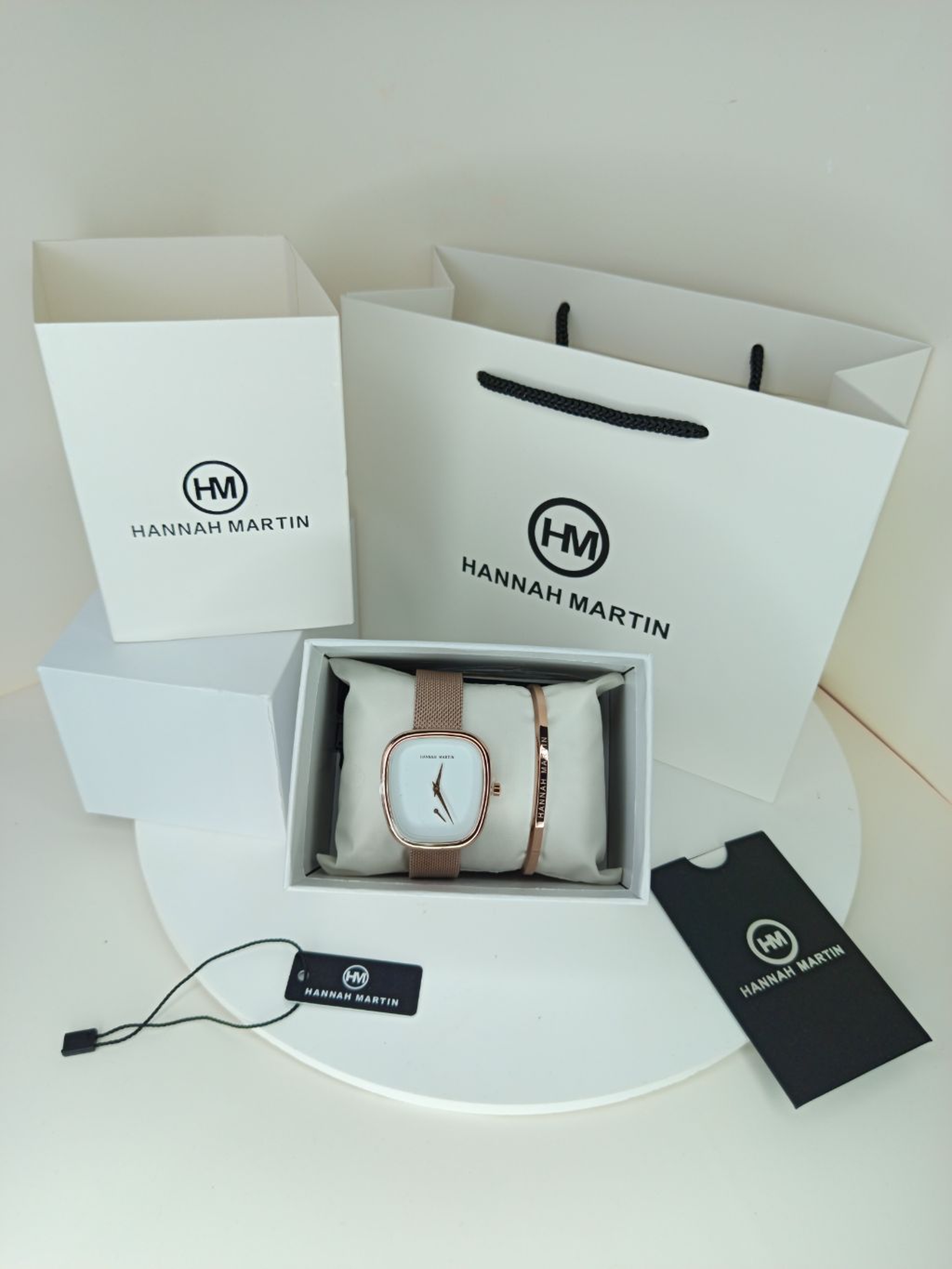 Rose Gold Curved Square Hannah Martin Watch with White Face + Matching Bracelet Set