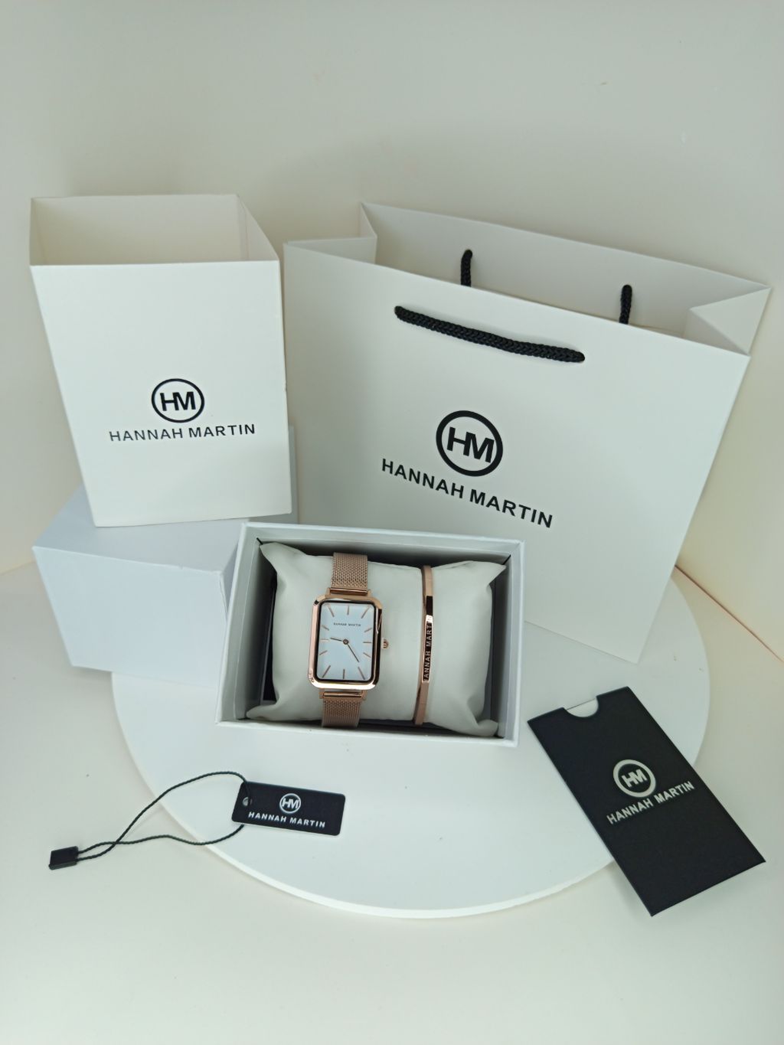 Rose Gold Rectangular Hannah Martin Watch with White Face + Matching Bracelet Set