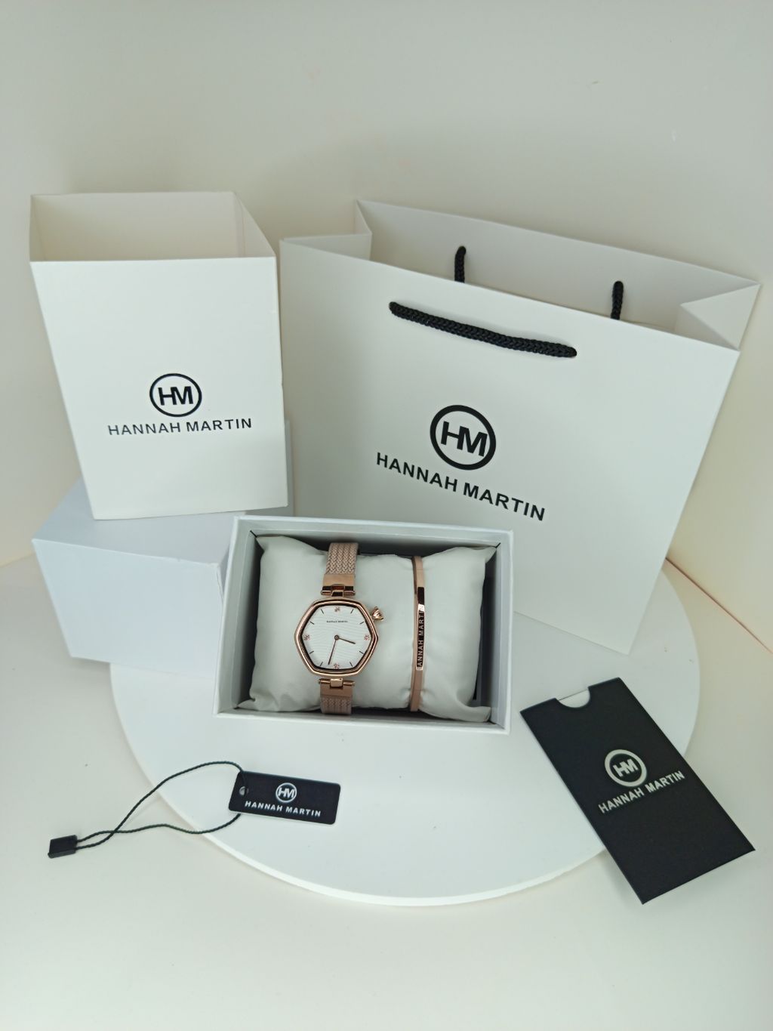 Rose Gold Hexagonal Hannah Martin Watch with White Face + Matching Bracelet Set