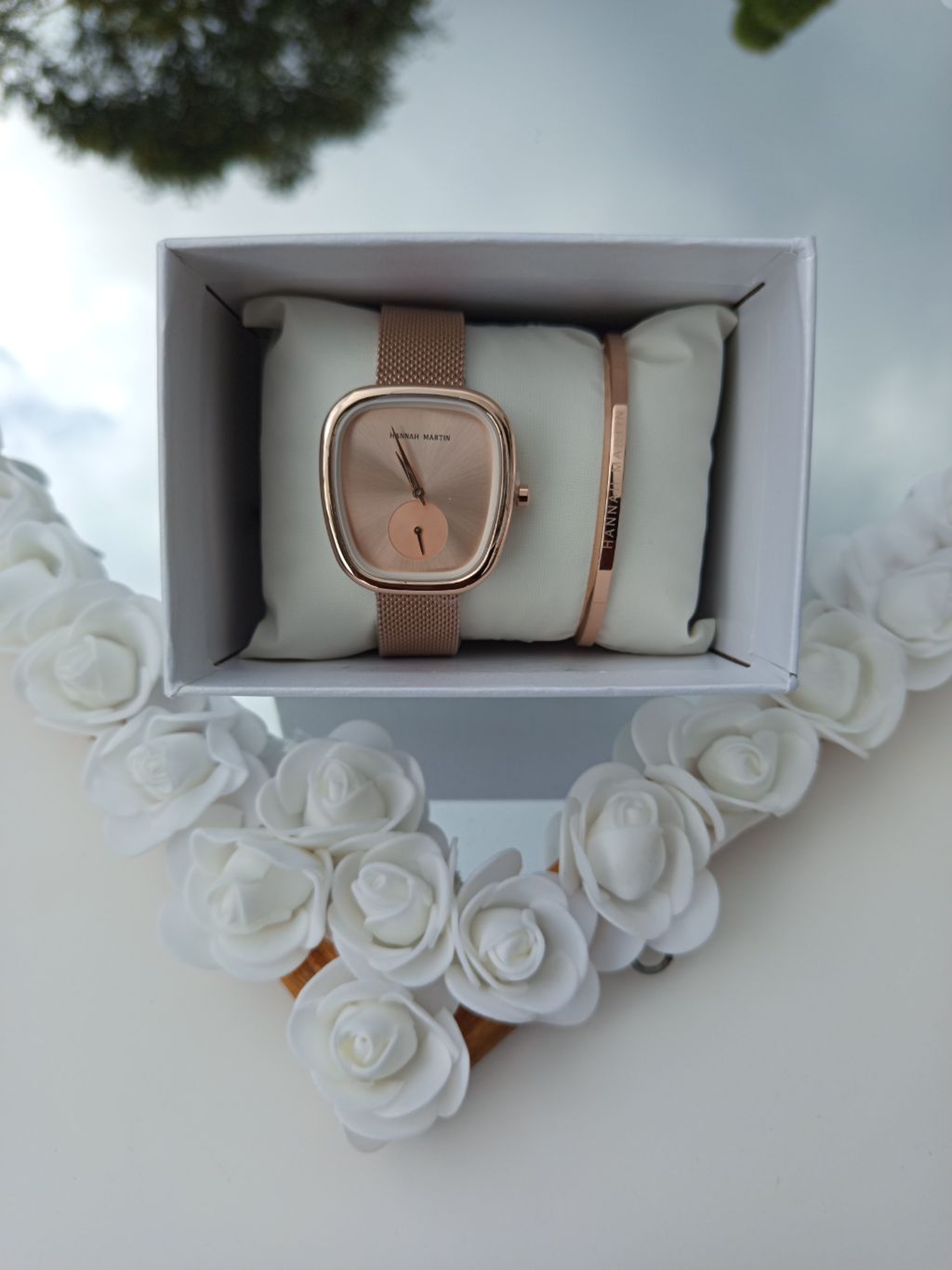 Rose Gold Curved Square Hannah Martin Watch with Rose Gold Face + Matching Bracelet Set