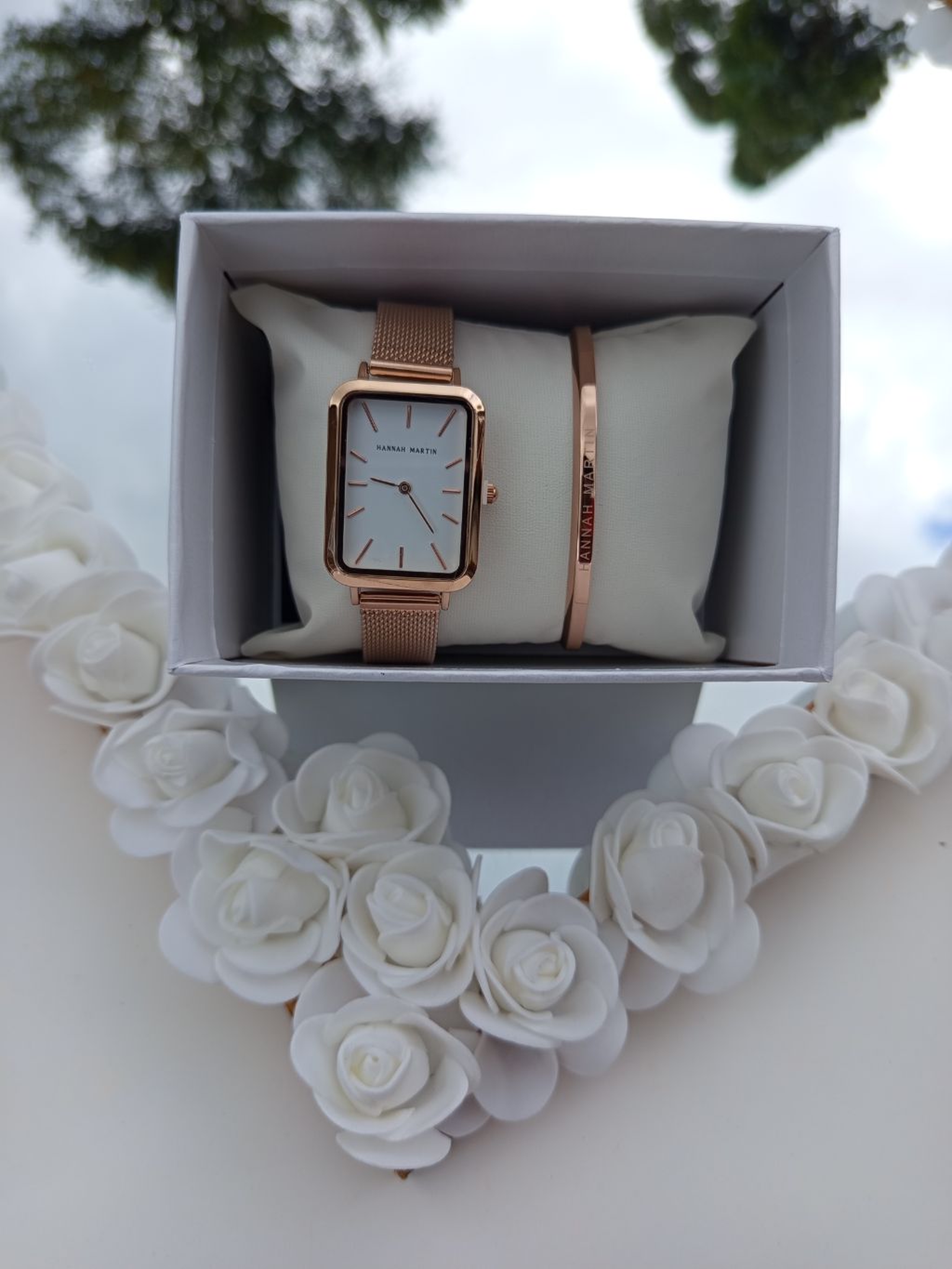 Rose Gold Rectangular Hannah Martin Watch with White Face + Matching Bracelet Set