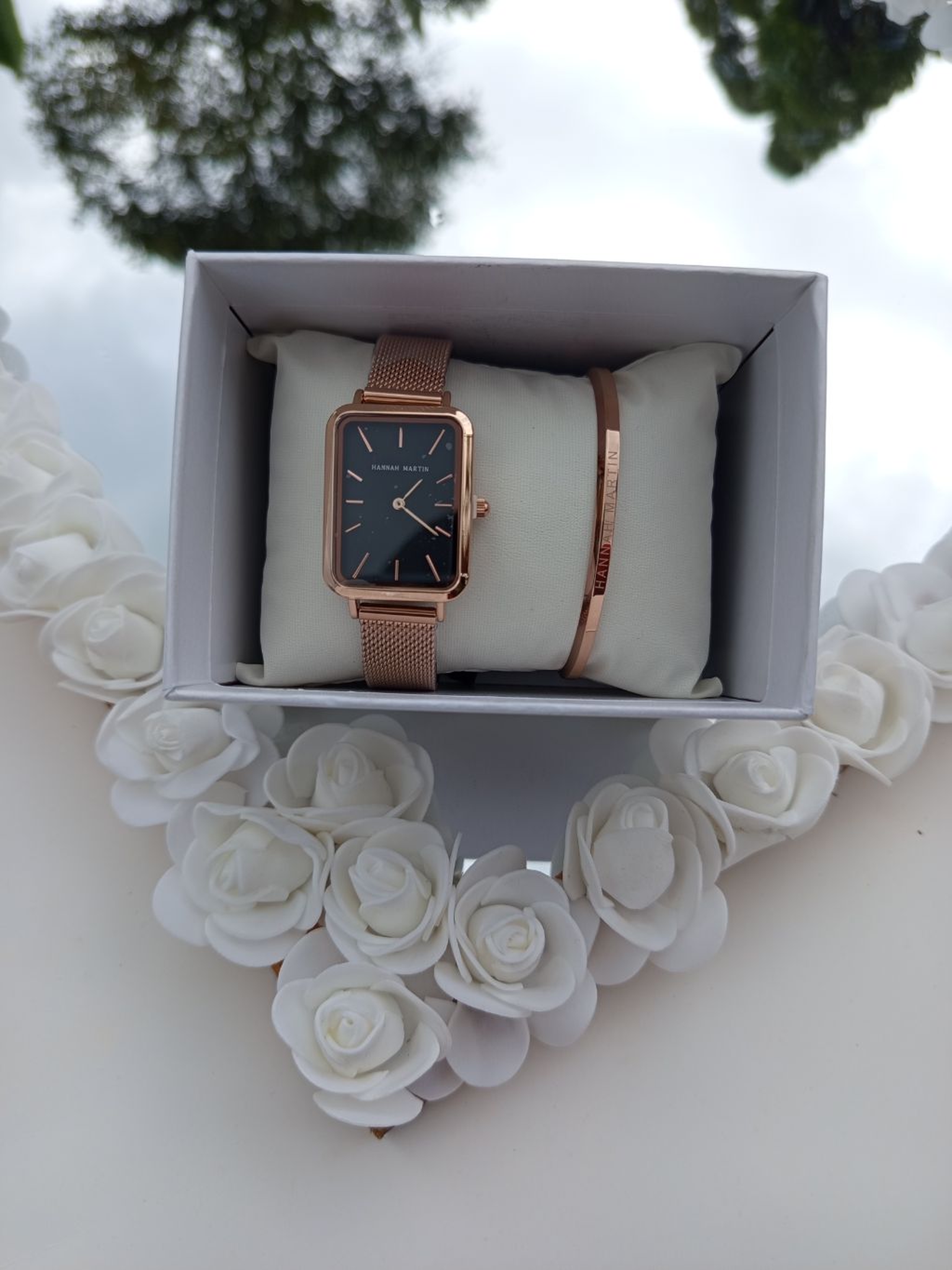 Rose Gold Rectangular Hannah Martin Watch with Black Face + Matching Bracelet Set