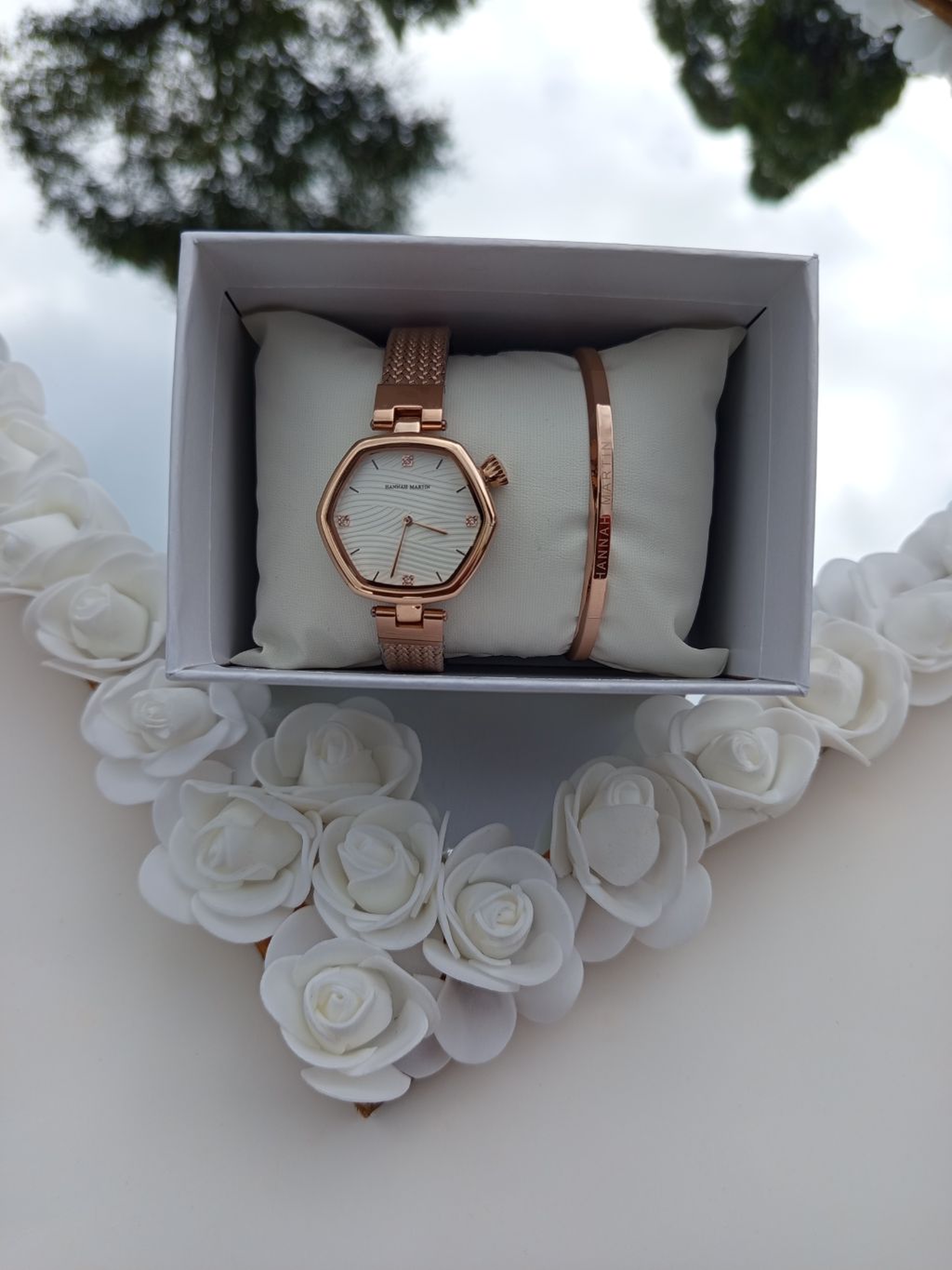 Rose Gold Hexagonal Hannah Martin Watch with White Face + Matching Bracelet Set