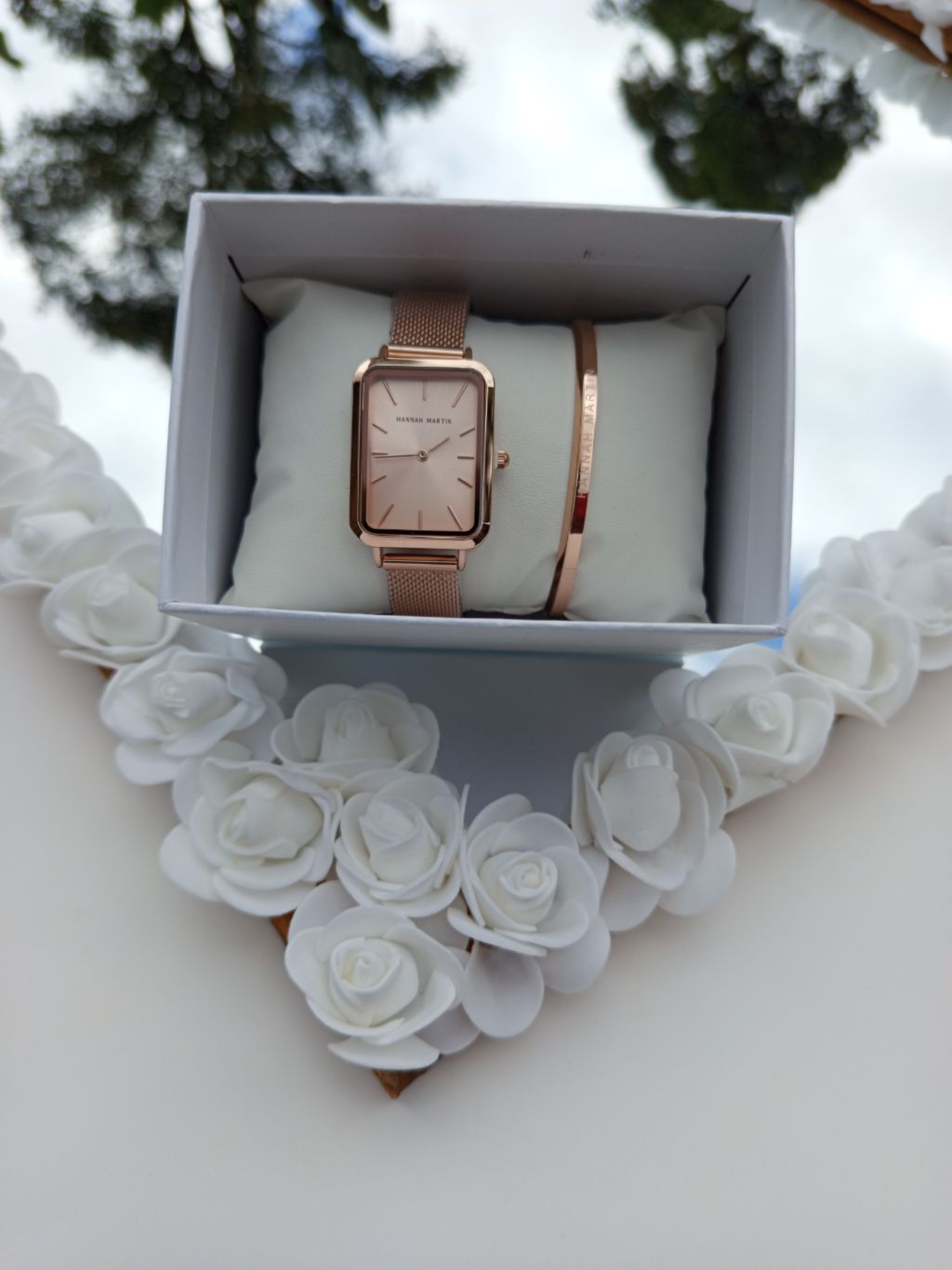 Rose Gold Rectangular Hannah Martin Watch with Rose Gold Face + Matching Bracelet Set