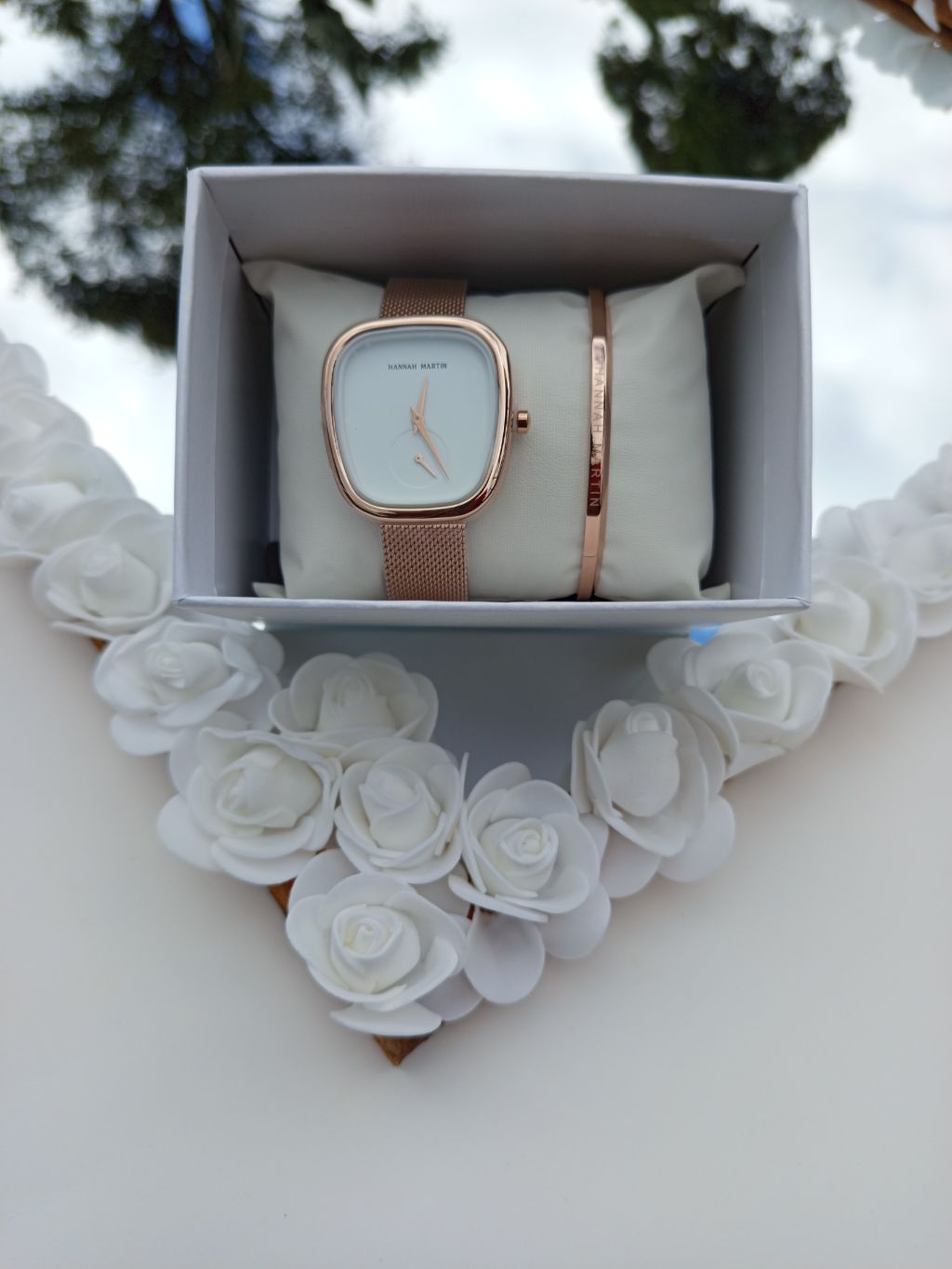 Rose Gold Curved Square Hannah Martin Watch with White Face + Matching Bracelet Set