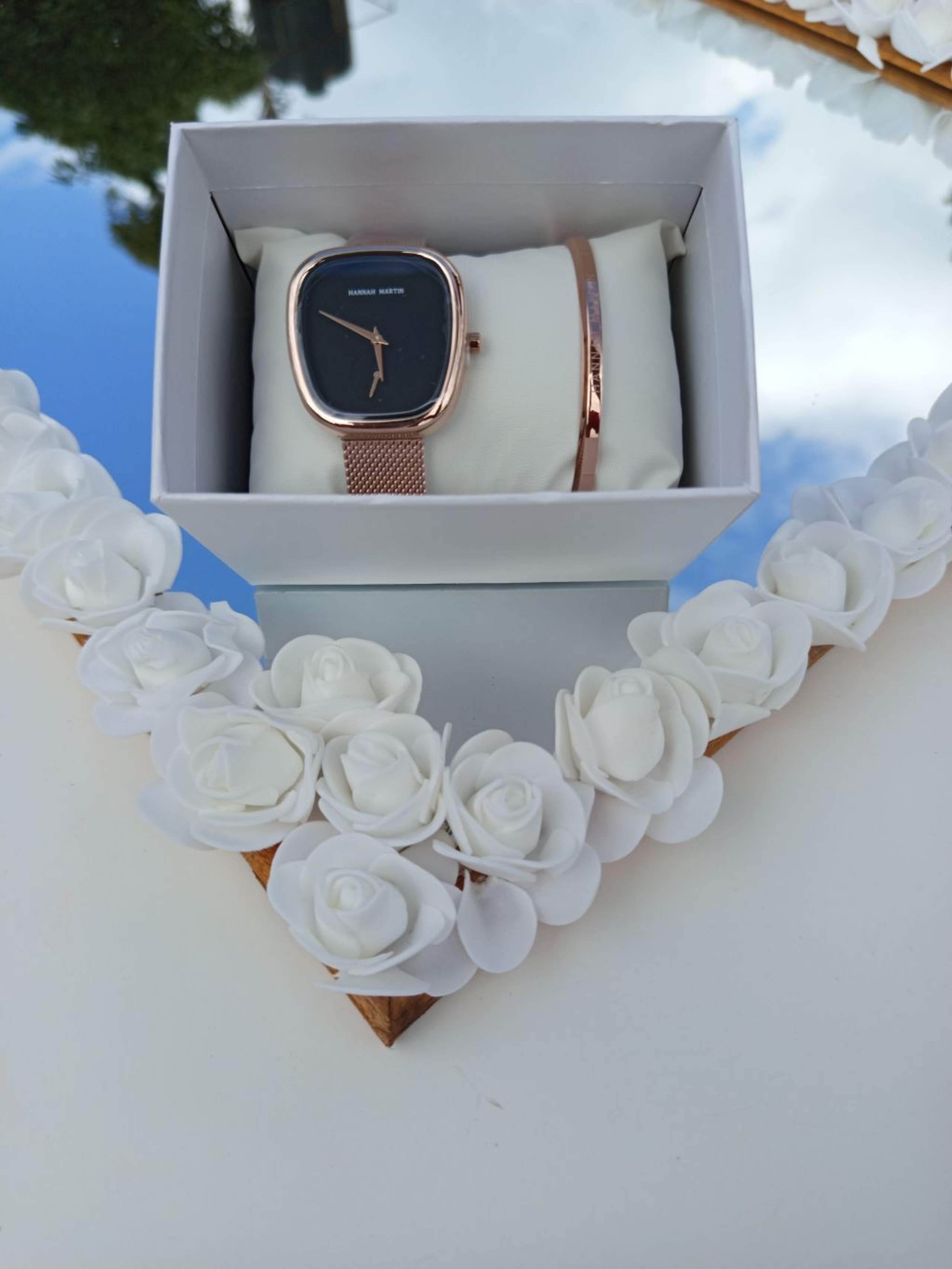 Rose Gold Curved Square Hannah Martin Watch with Black Face + Matching Bracelet Set