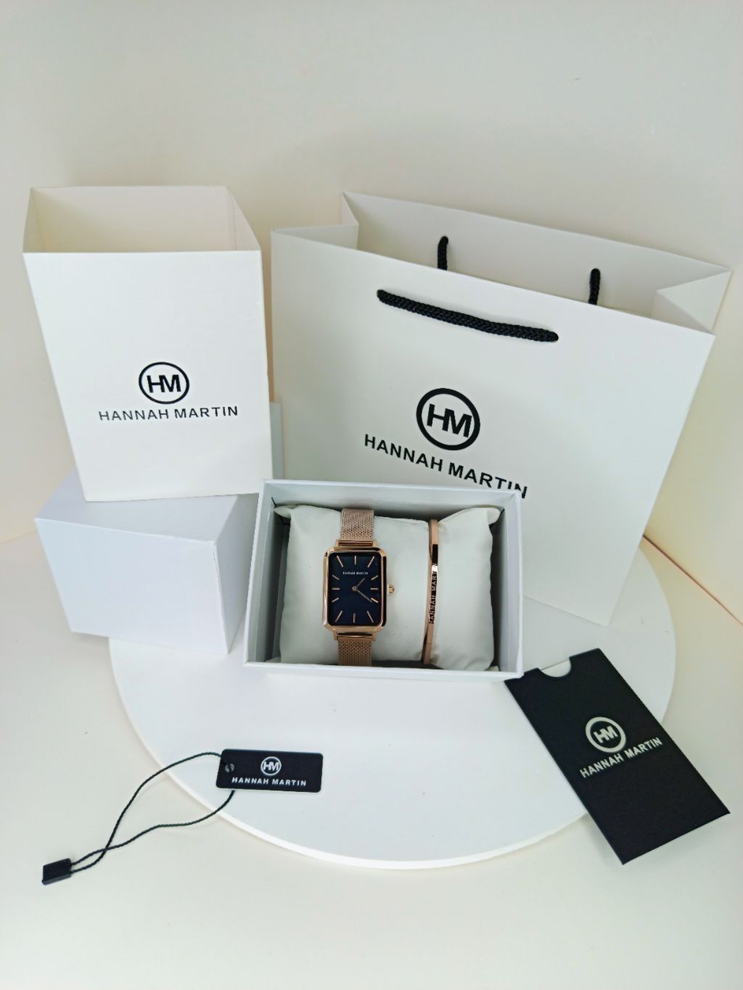 Rose Gold Rectangular Hannah Martin Watch with Black Face + Matching Bracelet Set