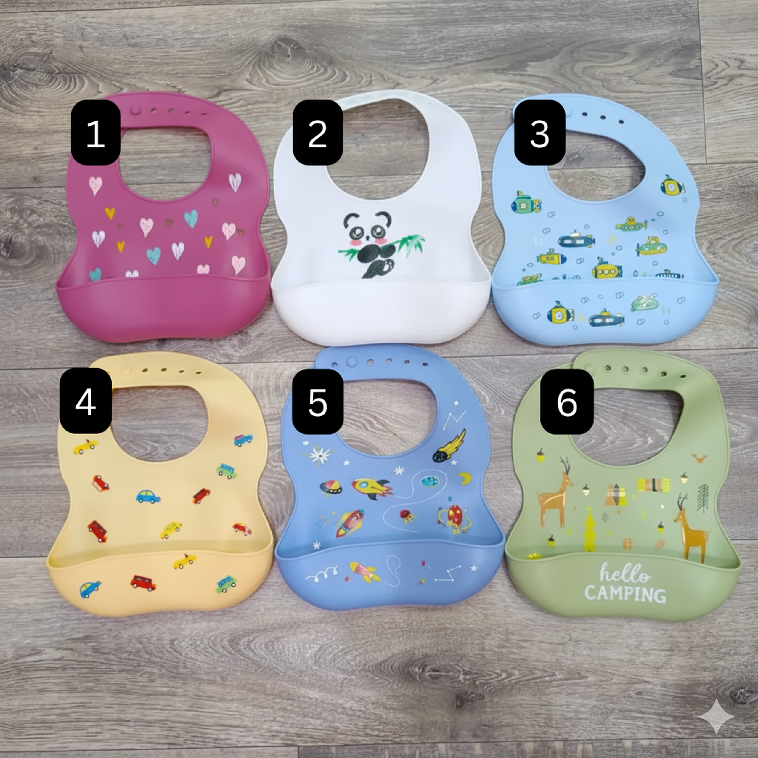 Mess-Free Mealtimes: Adjustable Silicone Baby Bibs with Food Catcher Pocket (Various Fun Designs)