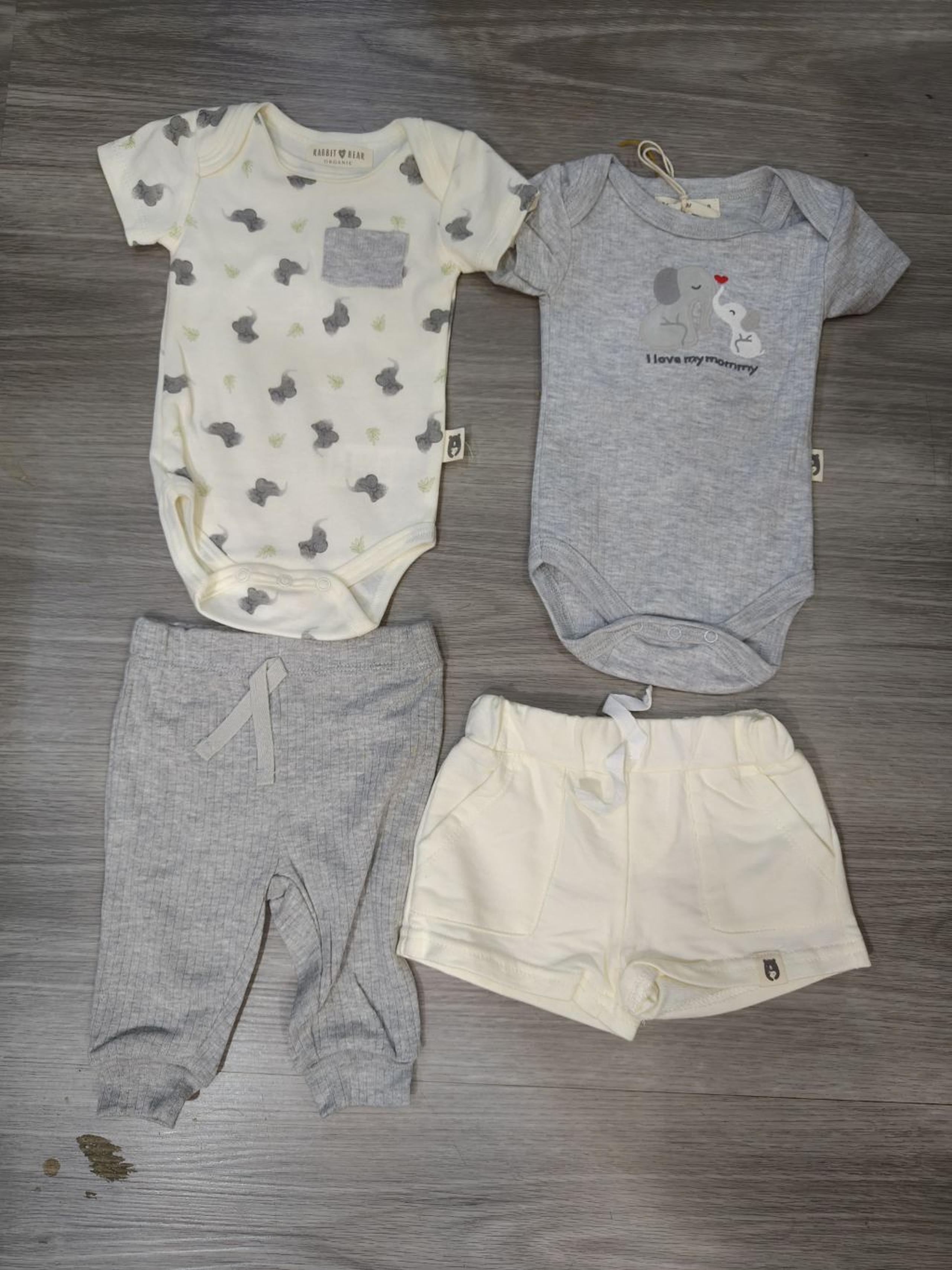 Organic Cotton Elephant Print Baby Bodysuit and Bottoms 4-Piece Set - Gender Neutral