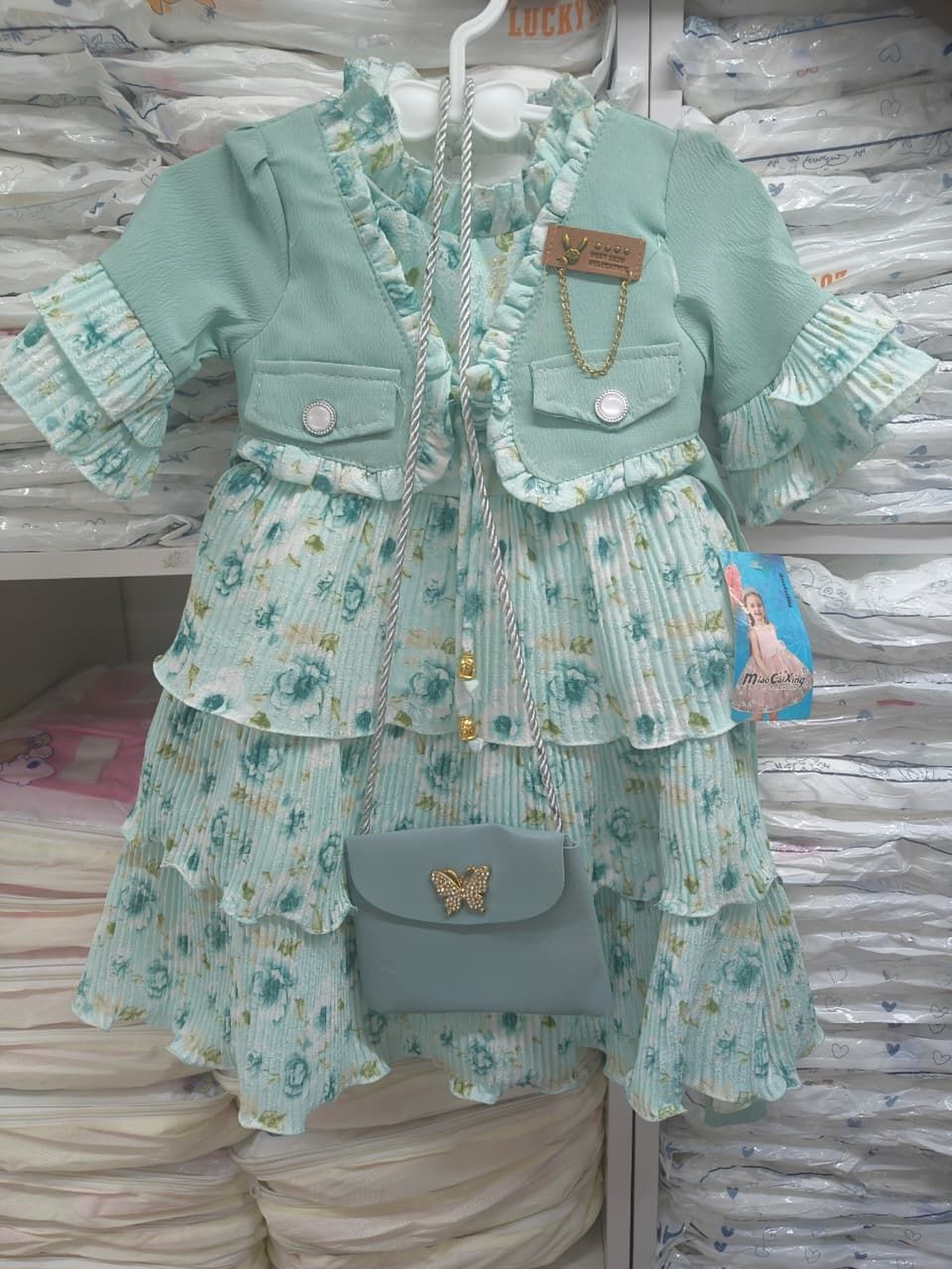Miss Kaiyi Girls' Mint Floral Dress Set with Bolero Jacket & Butterfly Purse