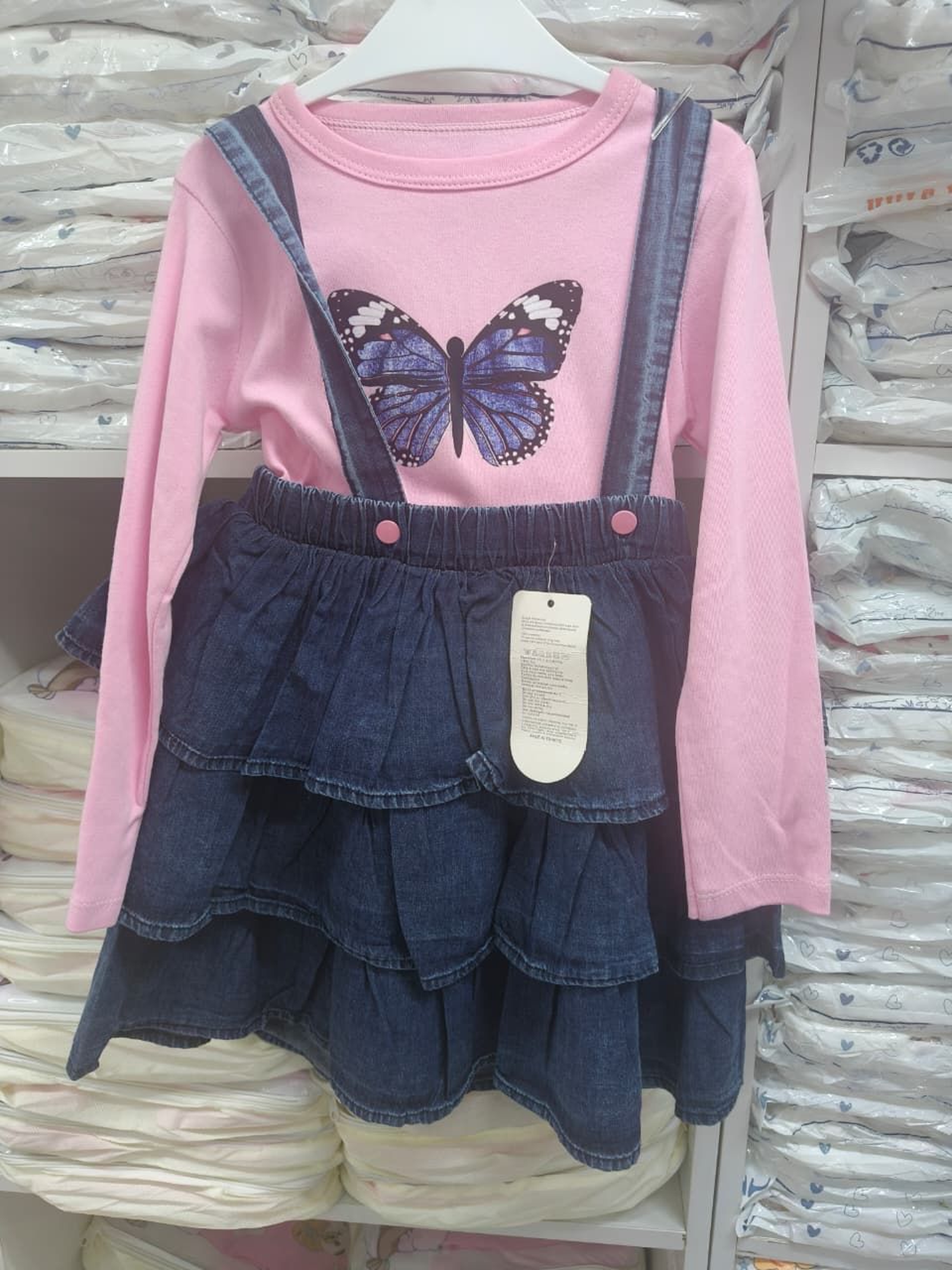 Girls' Denim Ruffle Skirt Overall Dress with Butterfly Long-Sleeve Top