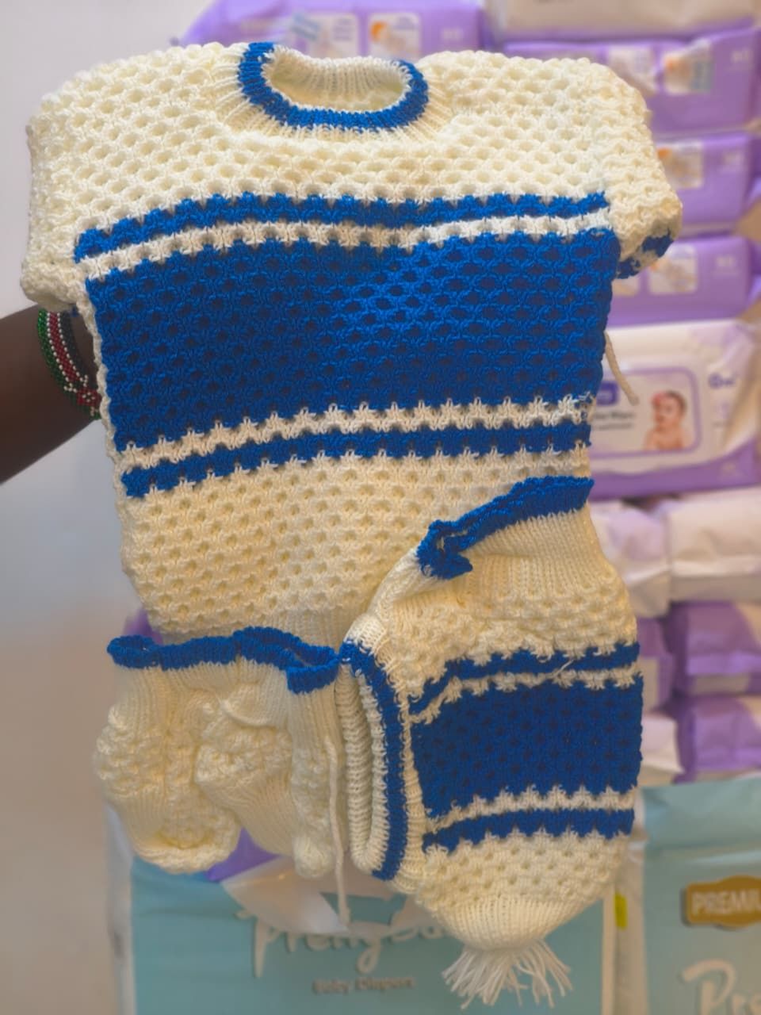 Newborn Hand-Knit Cream Romper and Diaper Cover Set with 'Nice Baby' Appliqué