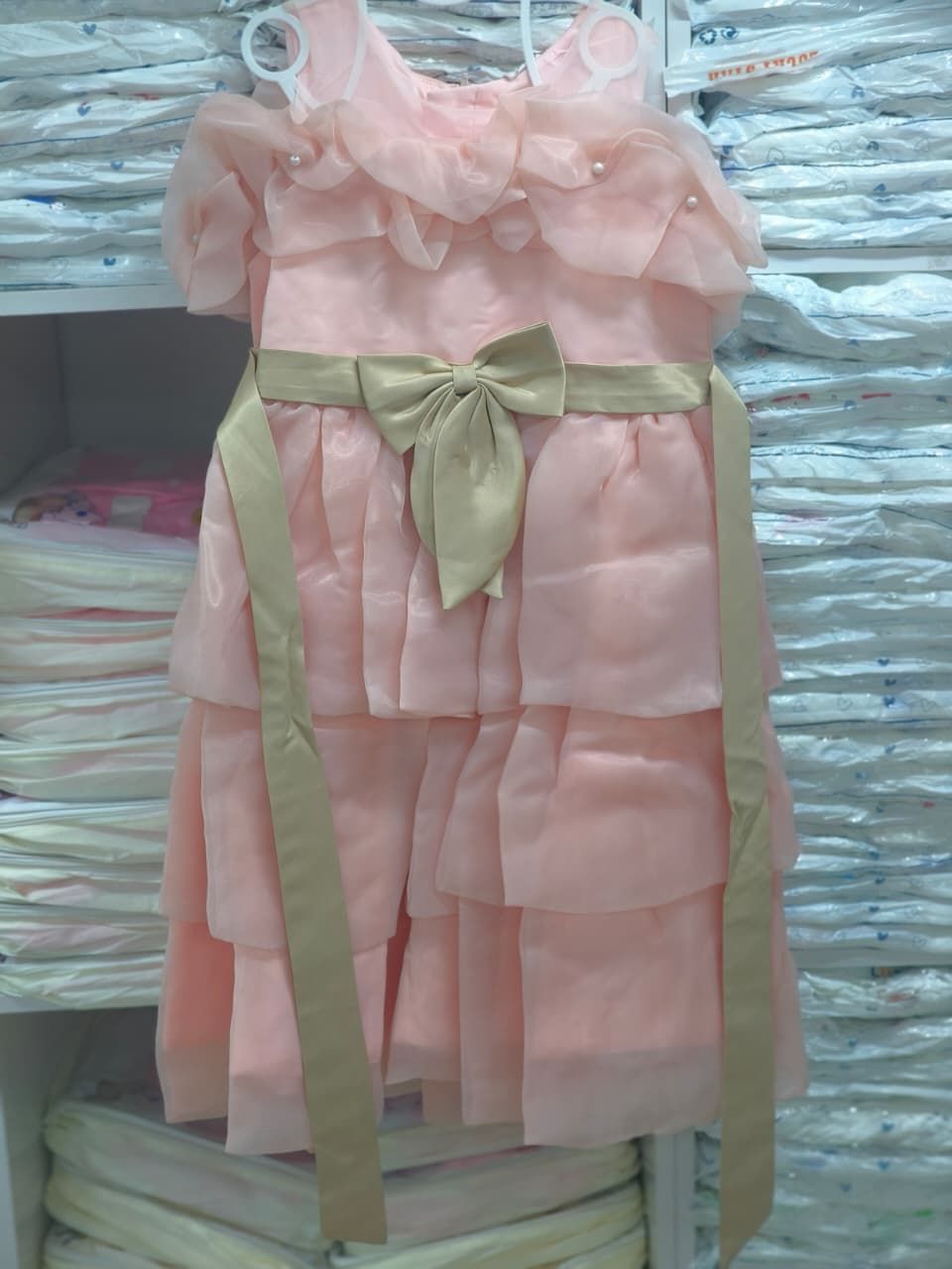 Girls' Peach Organza Tiered Dress with Pearl Accents and Sage Sash