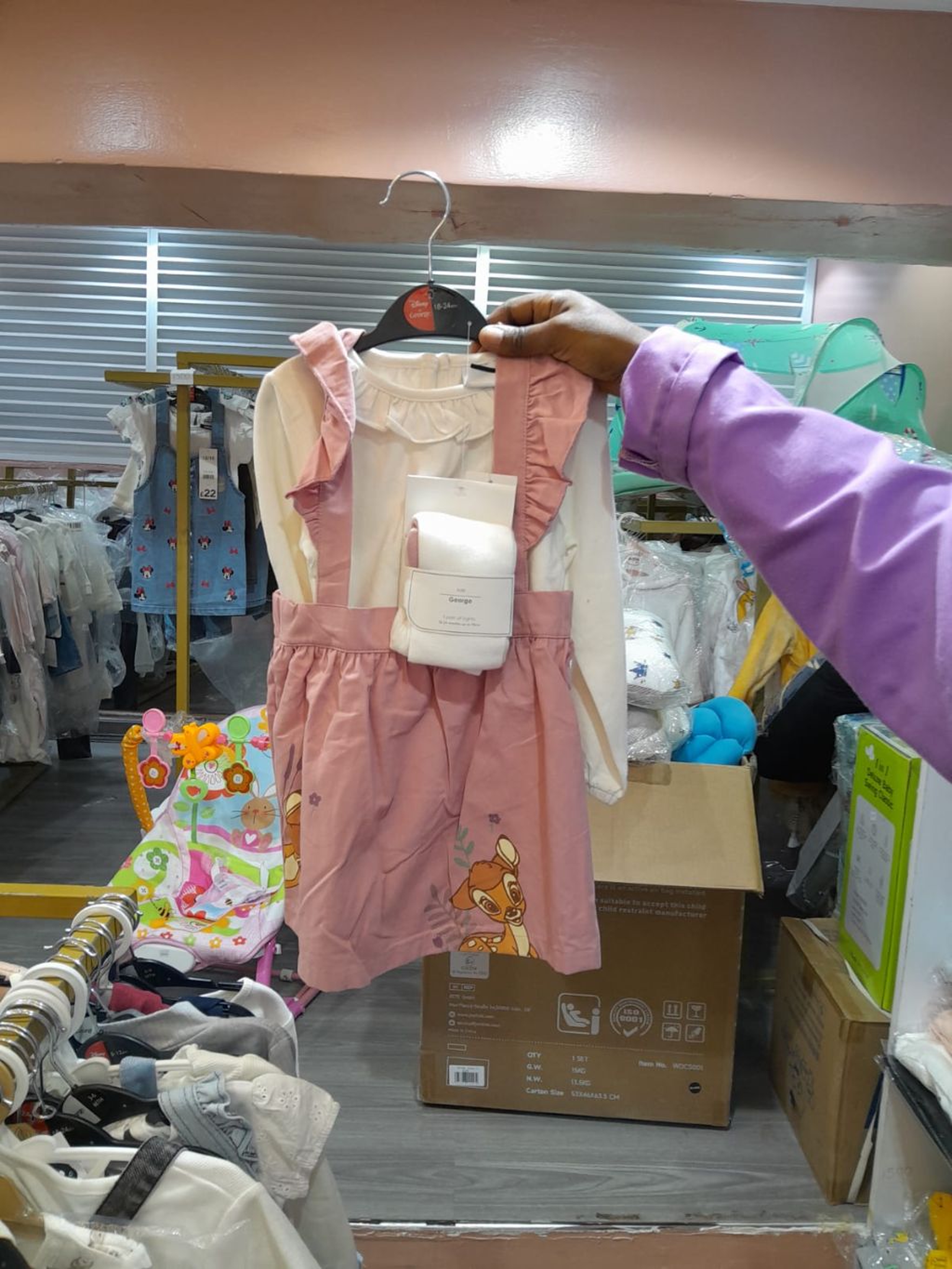 George Disney Fawn Dungaree Outfit Set - Pink Overall, T-Shirt, & Tights (3-Piece)