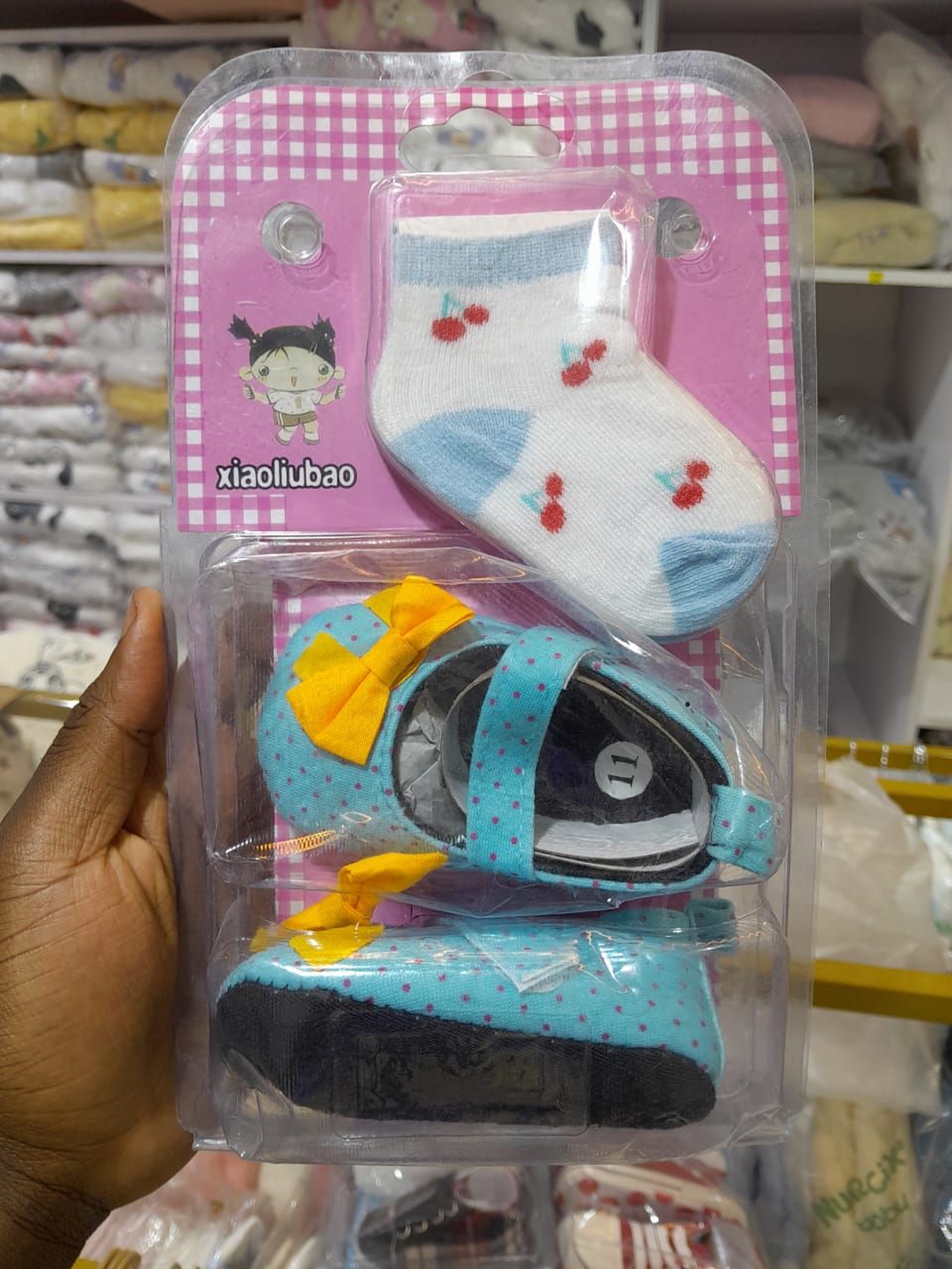 Dainty Polka Dot Baby Mary Jane Crib Shoes & Cherry Print Socks Gift Set - Teal/Aqua