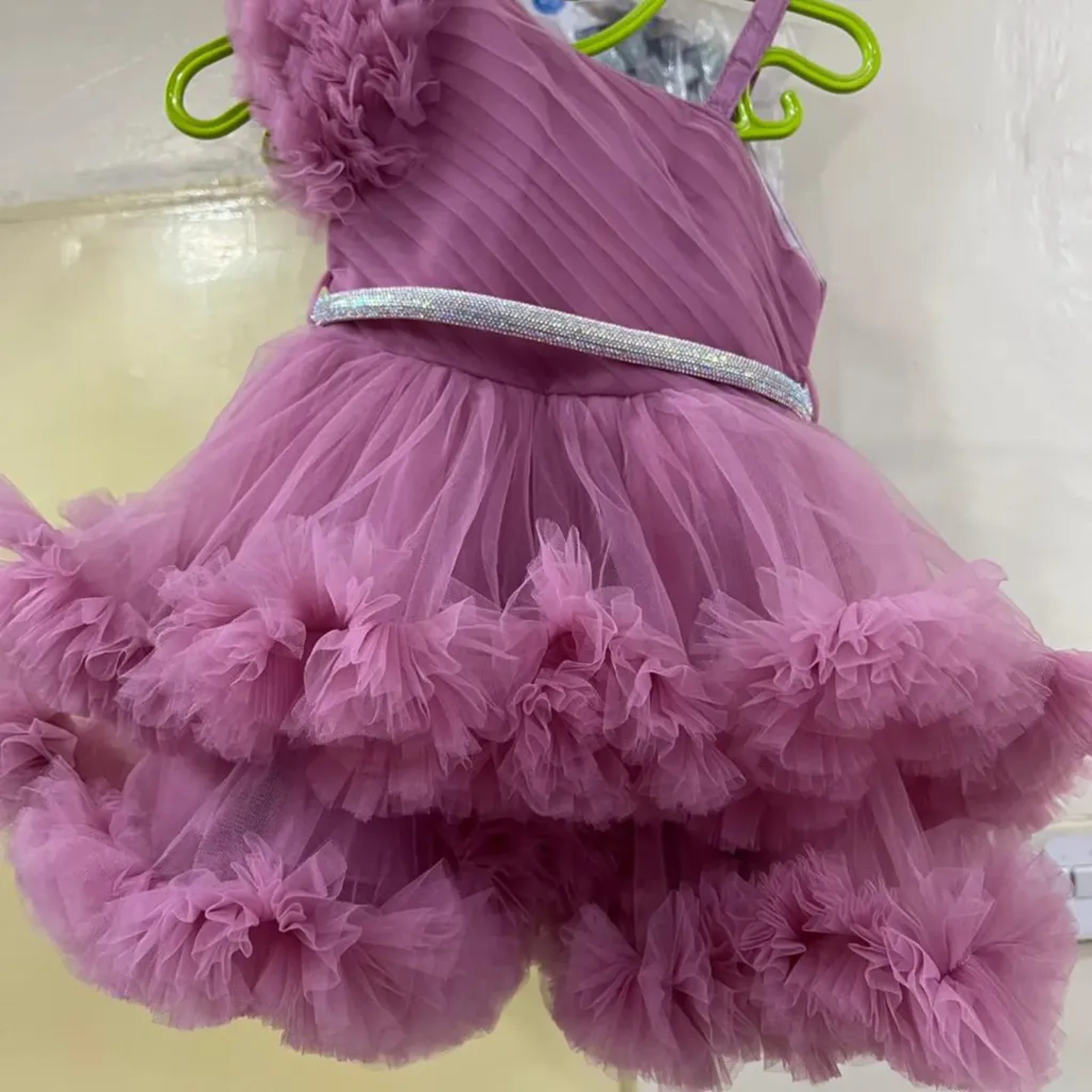 Luxury Baby Girl Tulle & Ruffle Dress - Sparkle Belt & Flower Detail