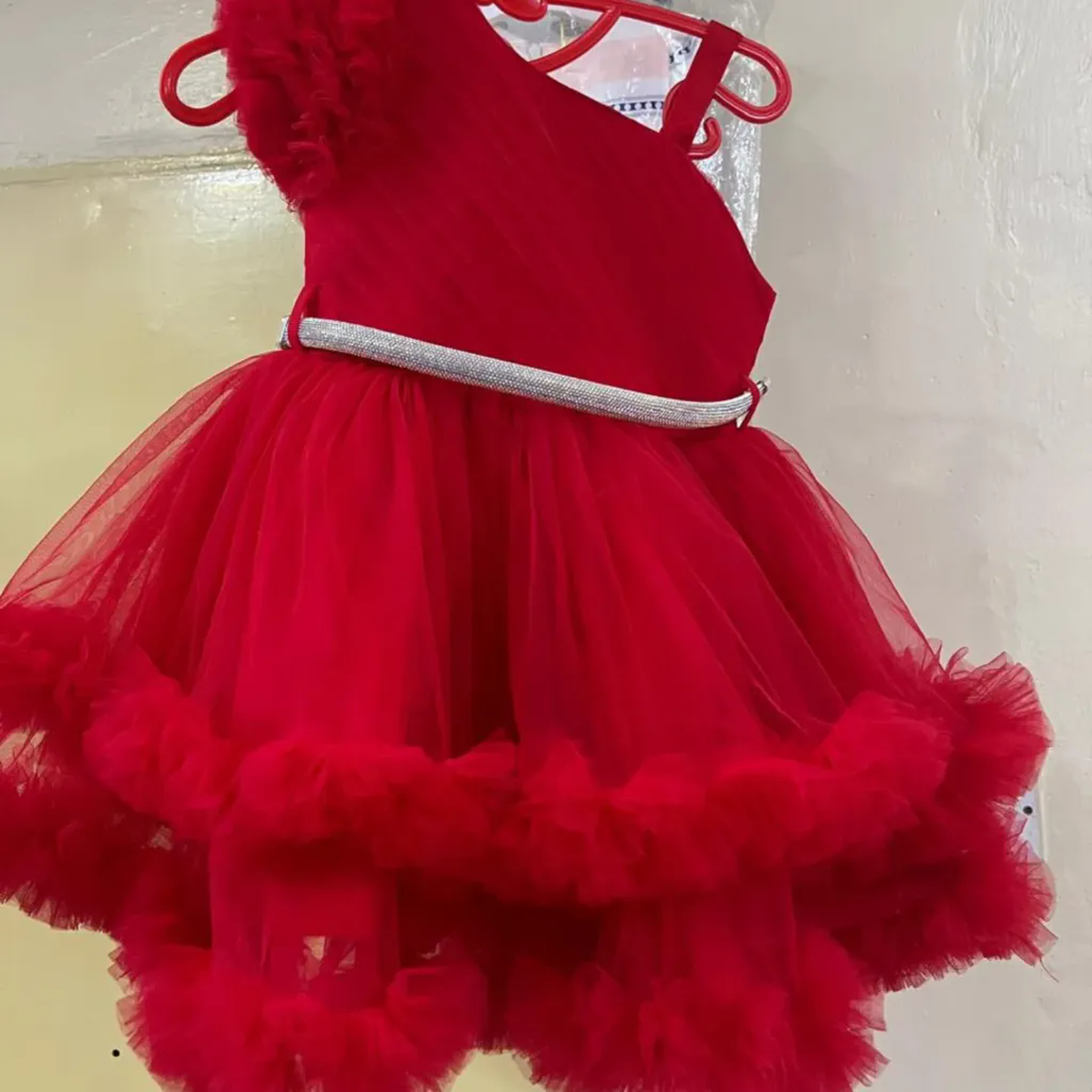 Luxury Baby Girl Tulle & Ruffle Dress - Sparkle Belt & Flower Detail