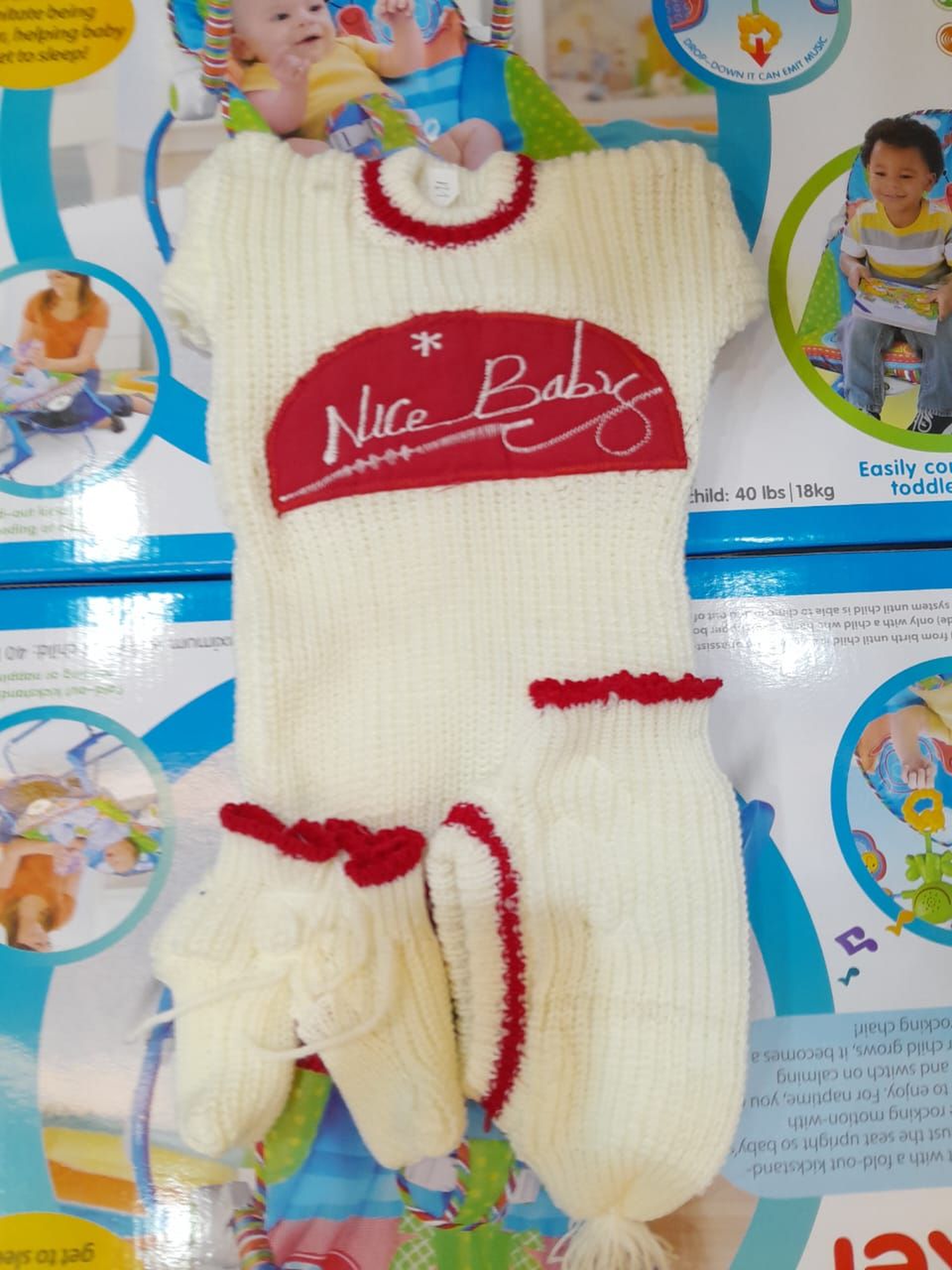Vintage-Style Knitted Baby Romper Set - Cream & Red 'Nice Baby' Outfit with Matching Booties