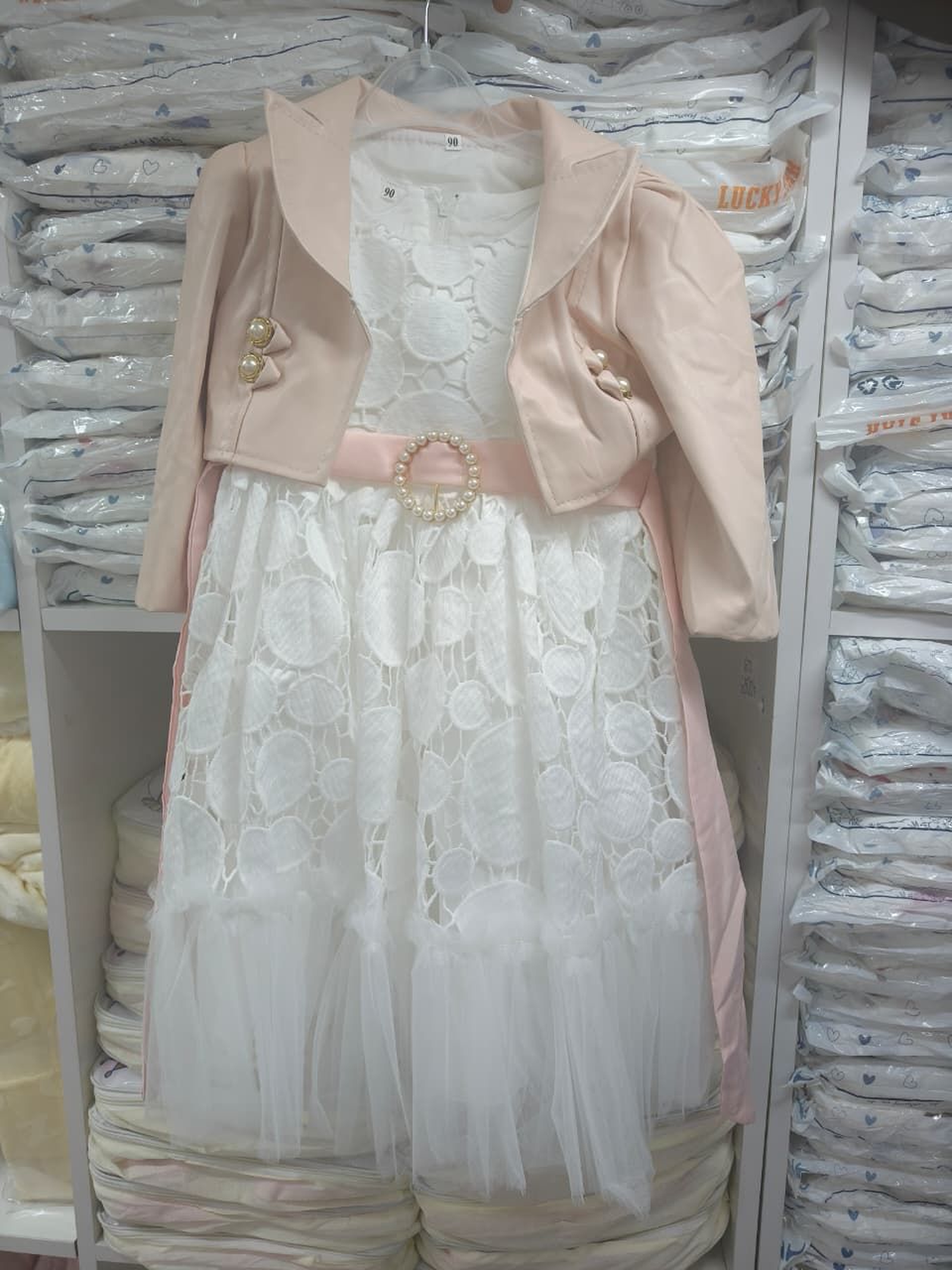 Girls' White Lace & Tulle Dress with Faux Leather Burgundy Bolero Jacket