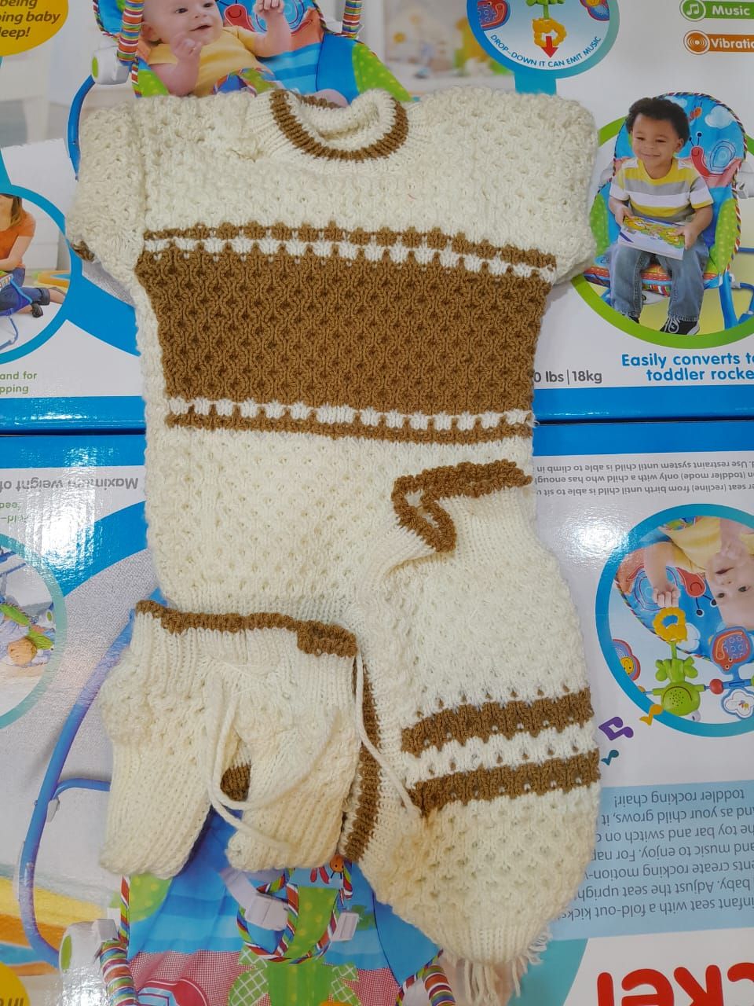 Vintage-Style Knitted Baby Romper Set - Cream & Red 'Nice Baby' Outfit with Matching Booties