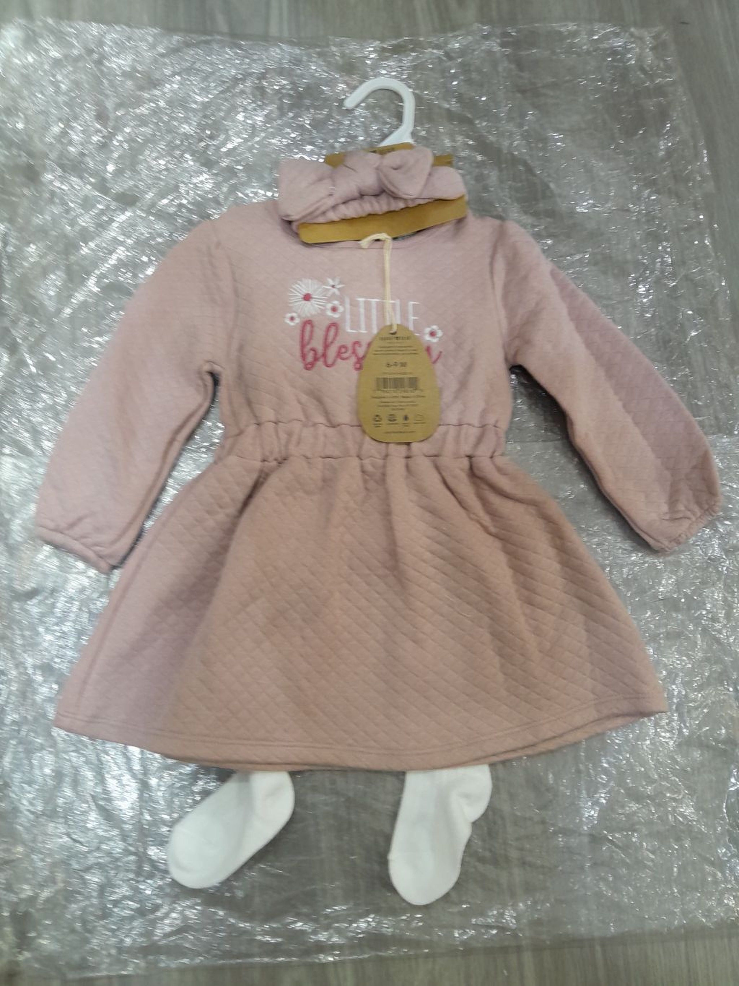 Mauve Rabbit Bear Quilted "Sassy Girl" Dress Set (Dress, Tights, & Headband)