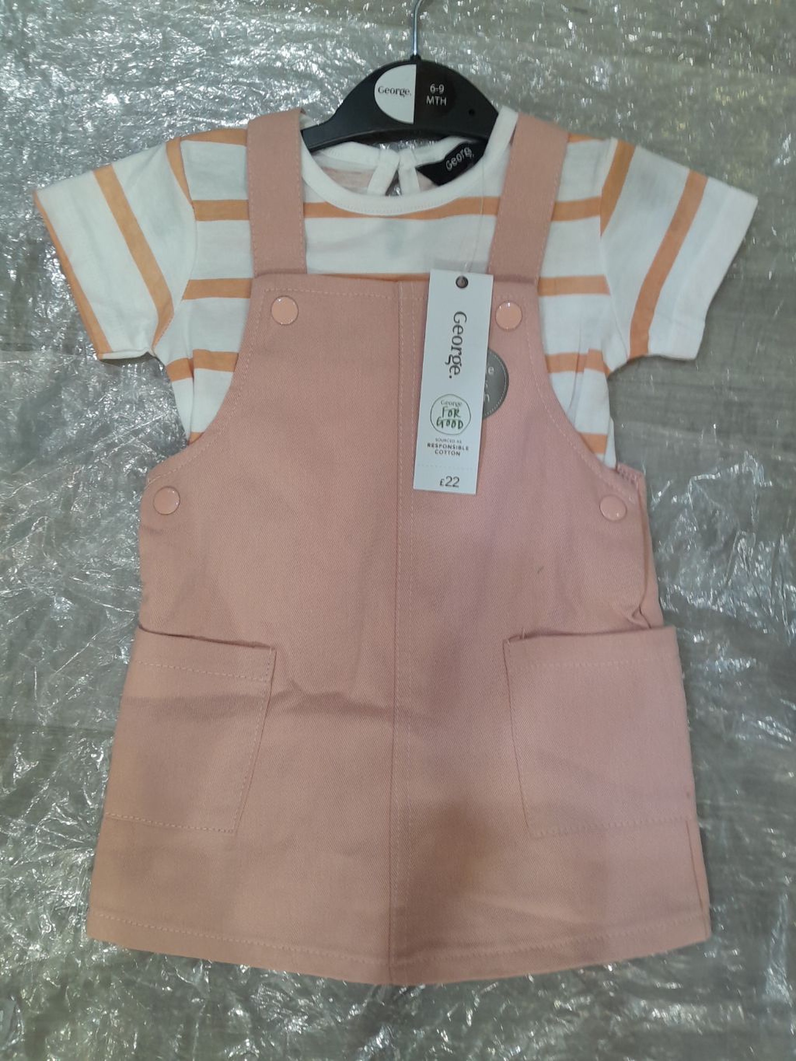 George Infant Girls' Pink Dungaree Dress & Striped T-Shirt Set (2-Piece)