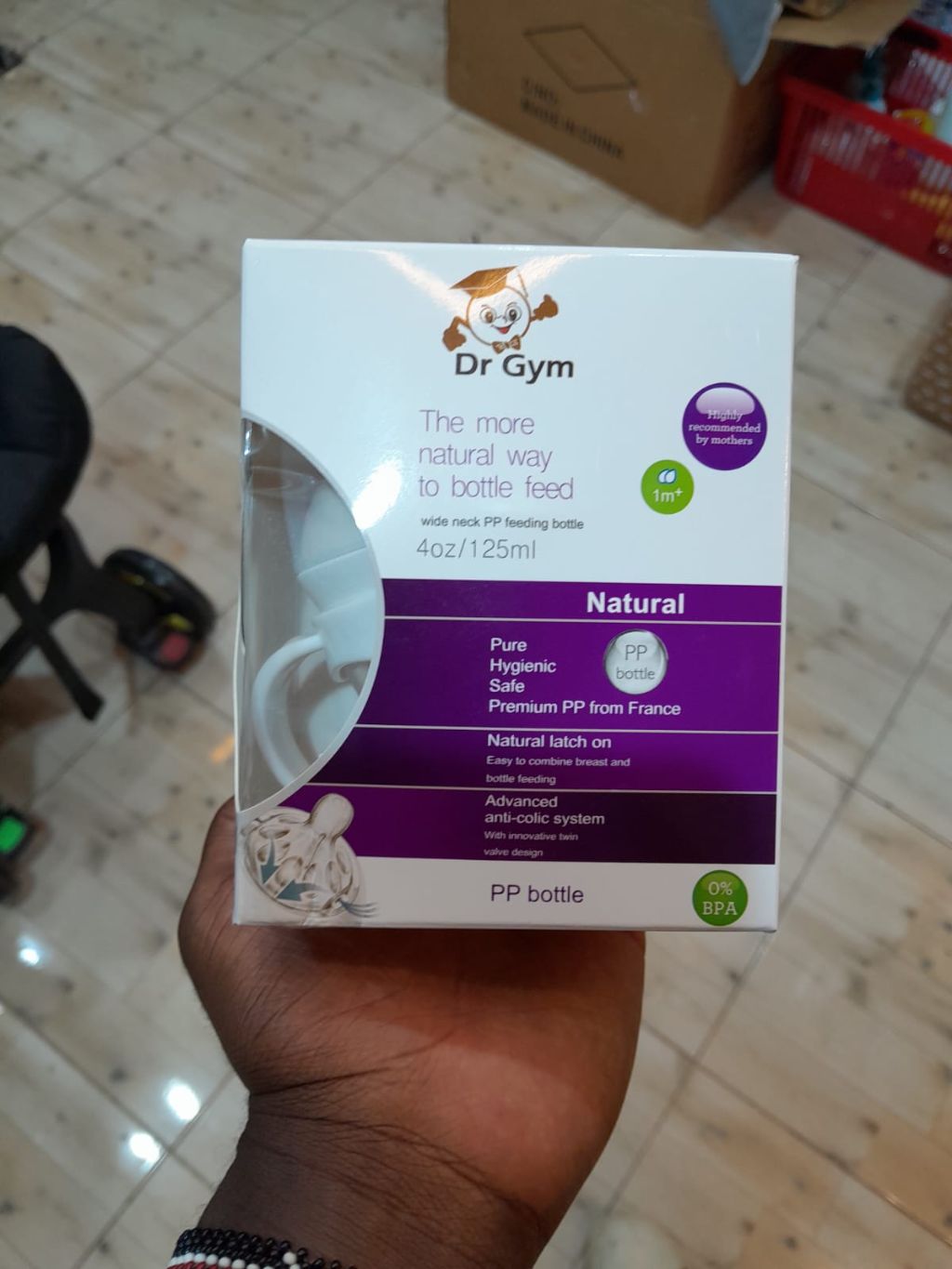 Dr Gym 4oz / 125ml Wide-Neck PP Feeding Bottle - Natural Latch Anti-Colic System (1M+)