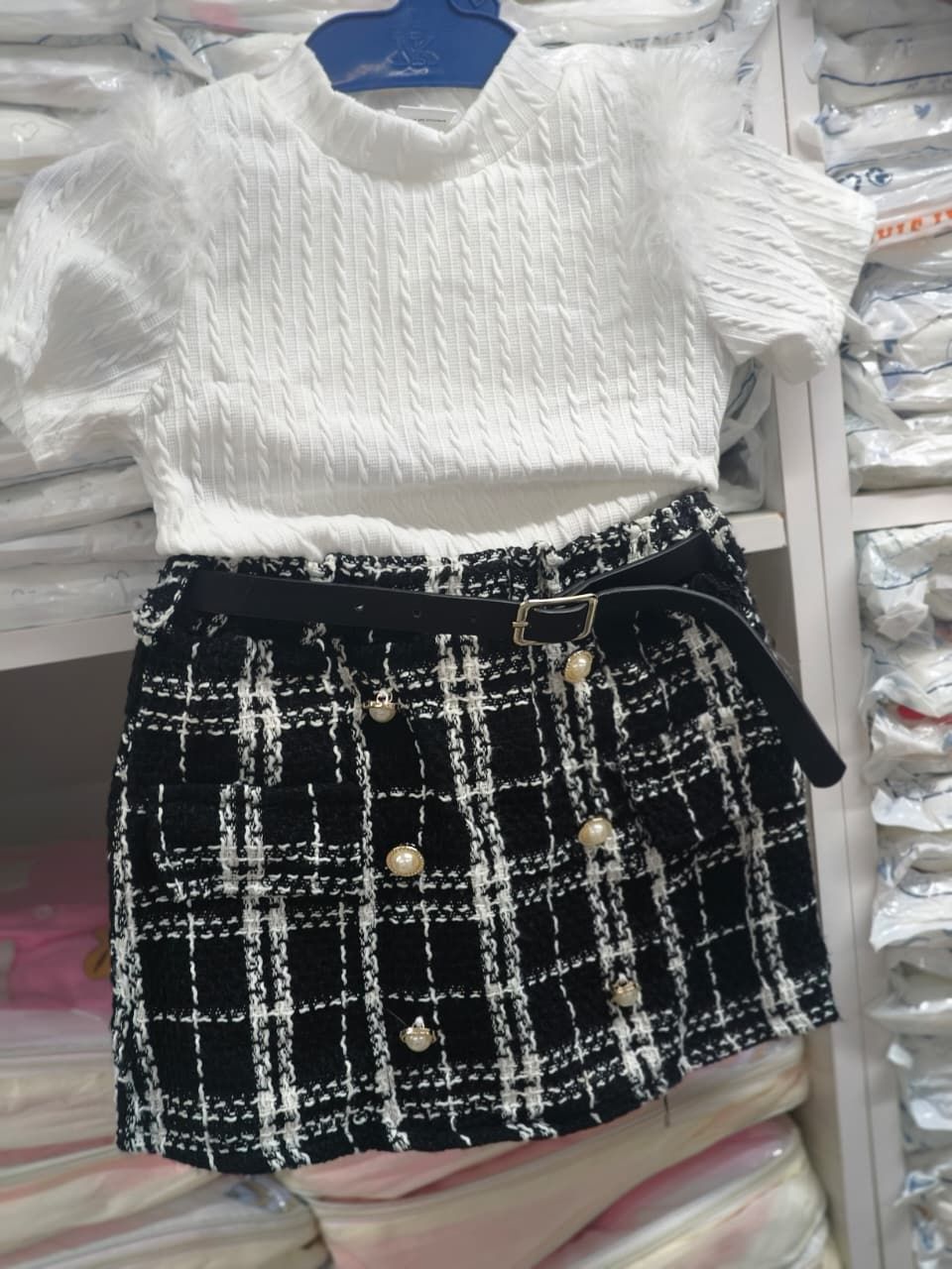 Girls' Chic Black & White Tweed Mini Skirt Set with Faux Fur Sleeve Top