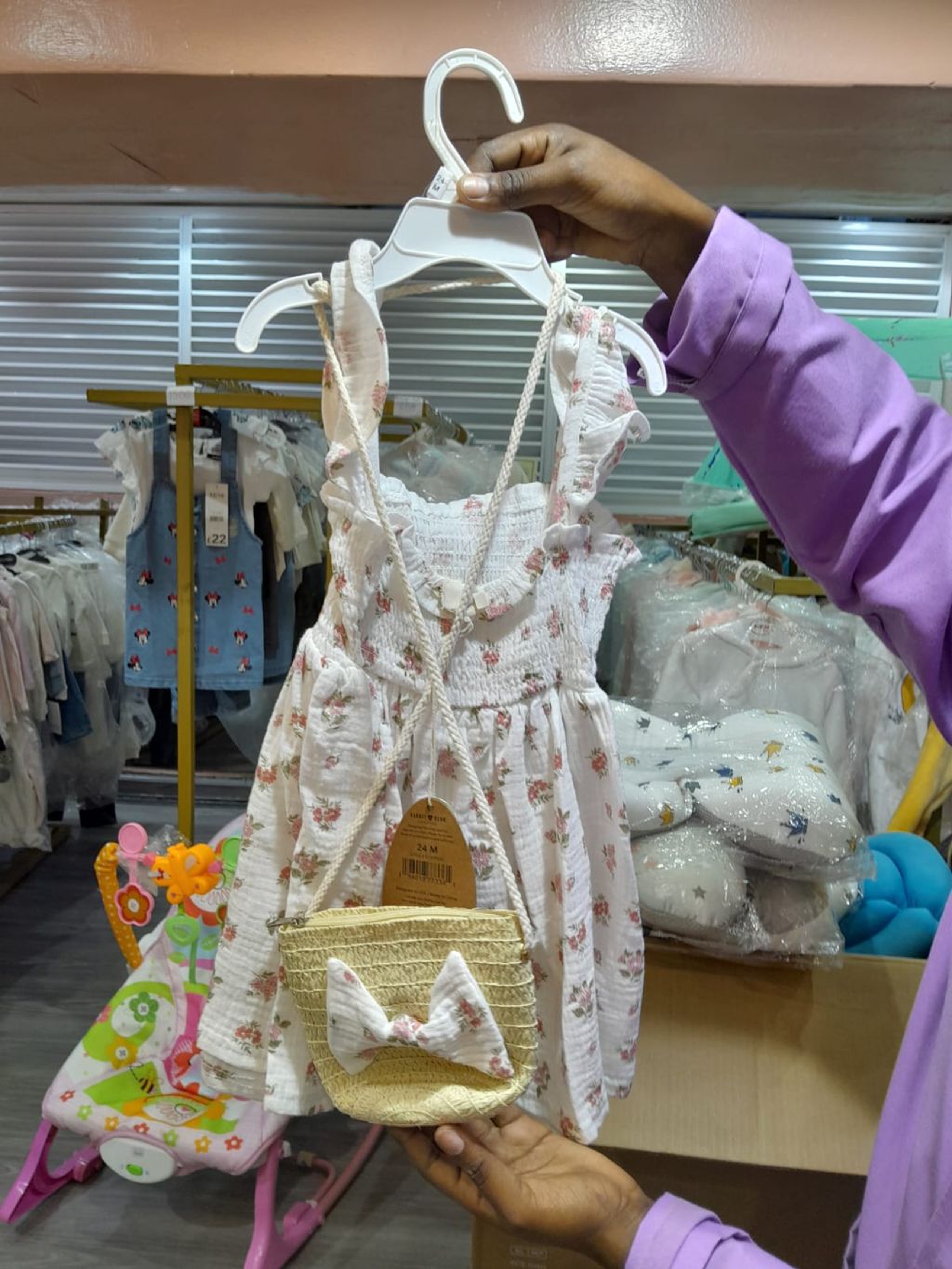 Rabbit Bear Toddler Pink Shirred Dress with Starfish Print - Complete with Matching Bow Bag