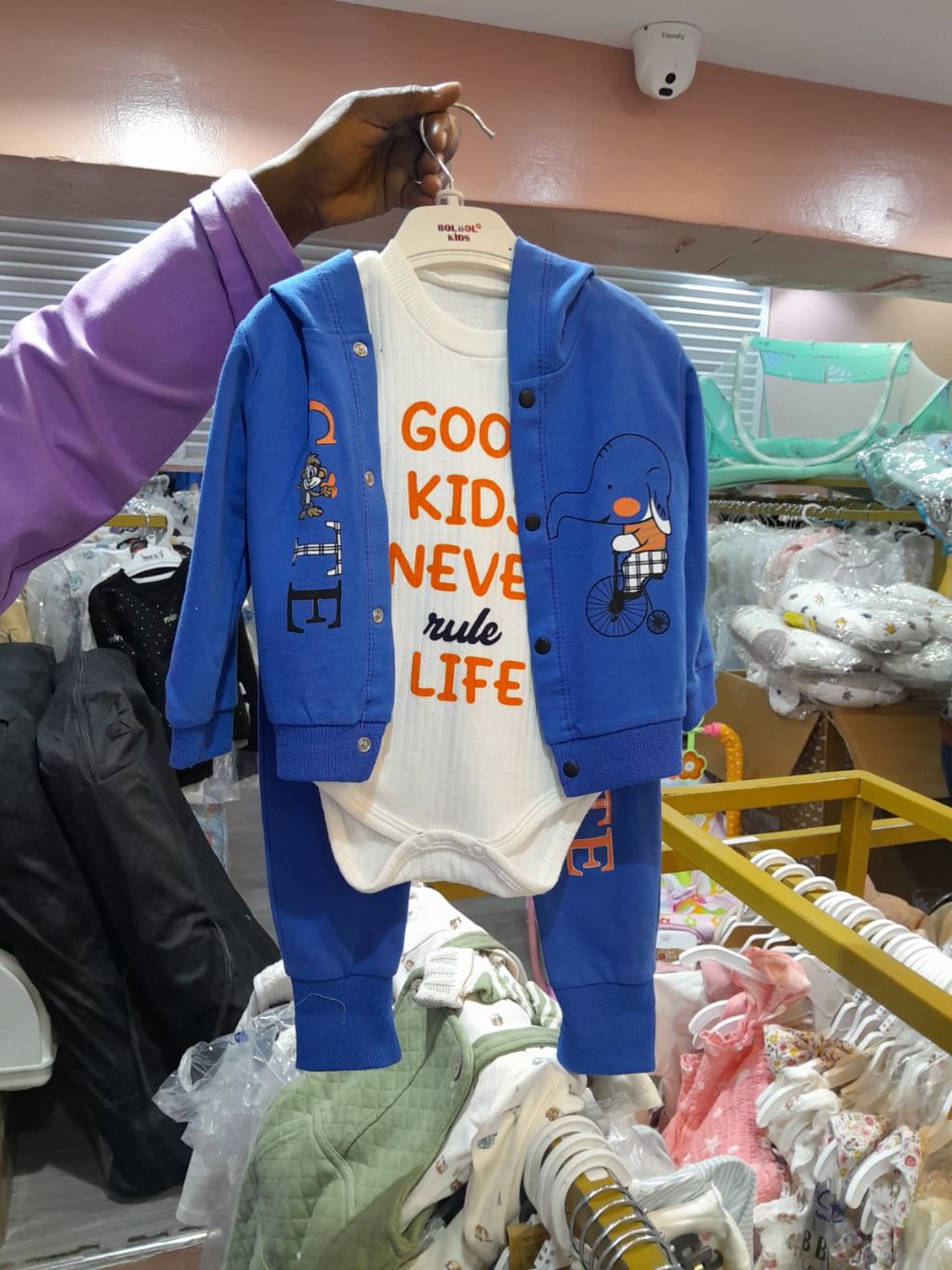 Bolsol Kids 3-Piece Blue Elephant Outfit Set - Ribbed Bodysuit, Hoodie, and Jogger Pants