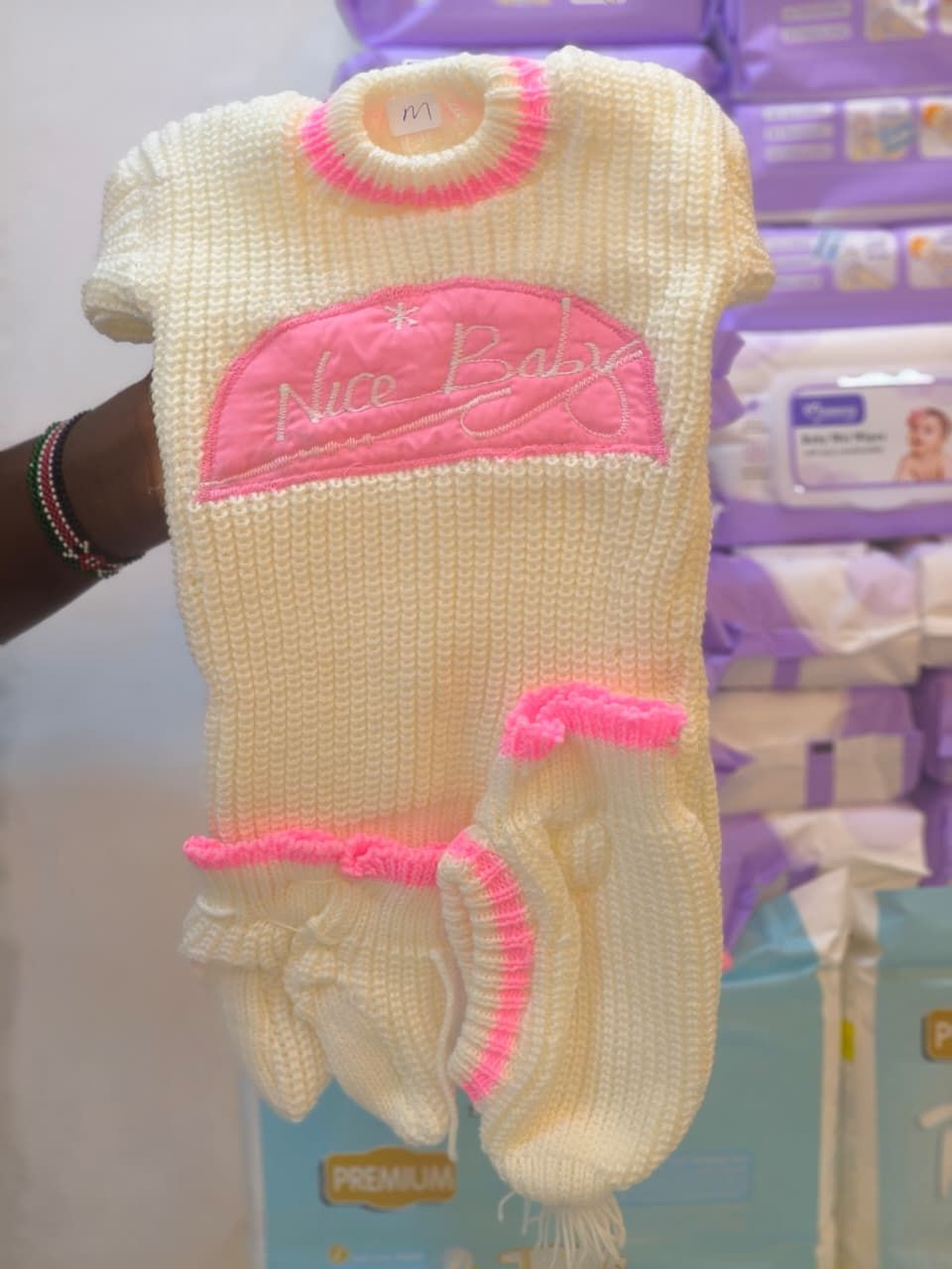 Newborn Hand-Knit Cream Romper and Diaper Cover Set with 'Nice Baby' Appliqué