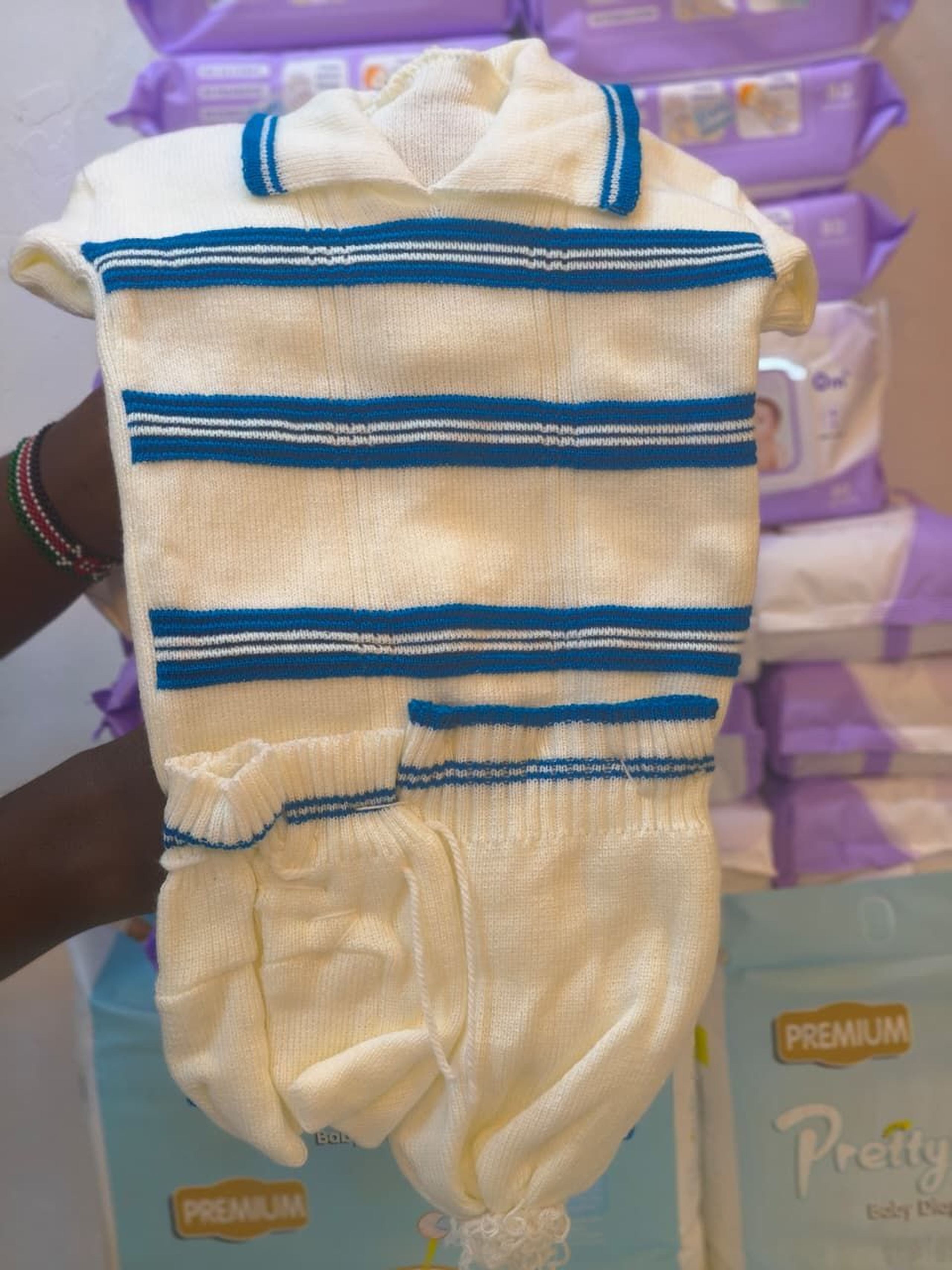 Newborn Hand-Knit Cream Romper and Diaper Cover Set with 'Nice Baby' Appliqué
