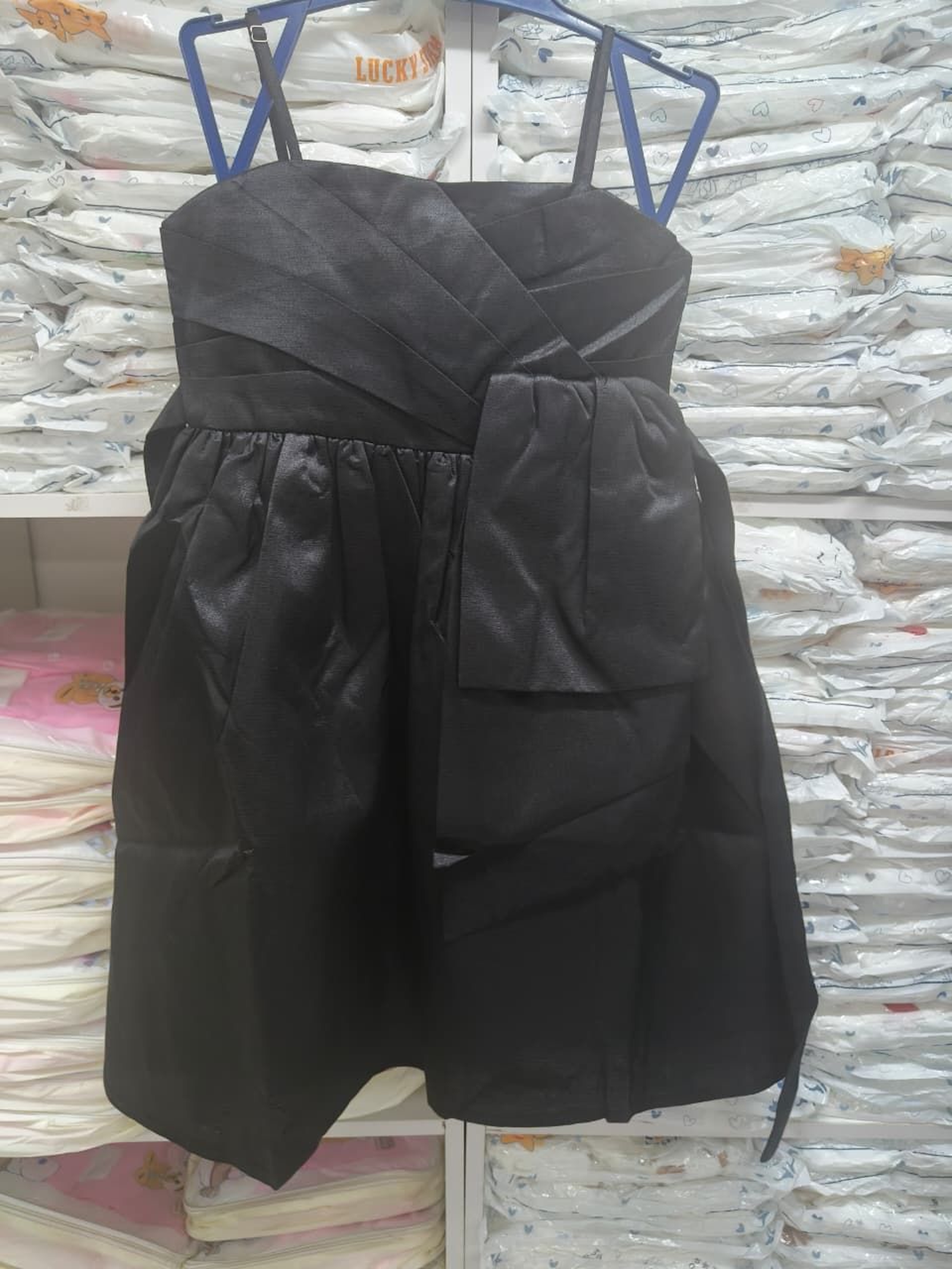 Girls' Black Satin Strappy Dress with Crisscross Bodice and Bow Detail