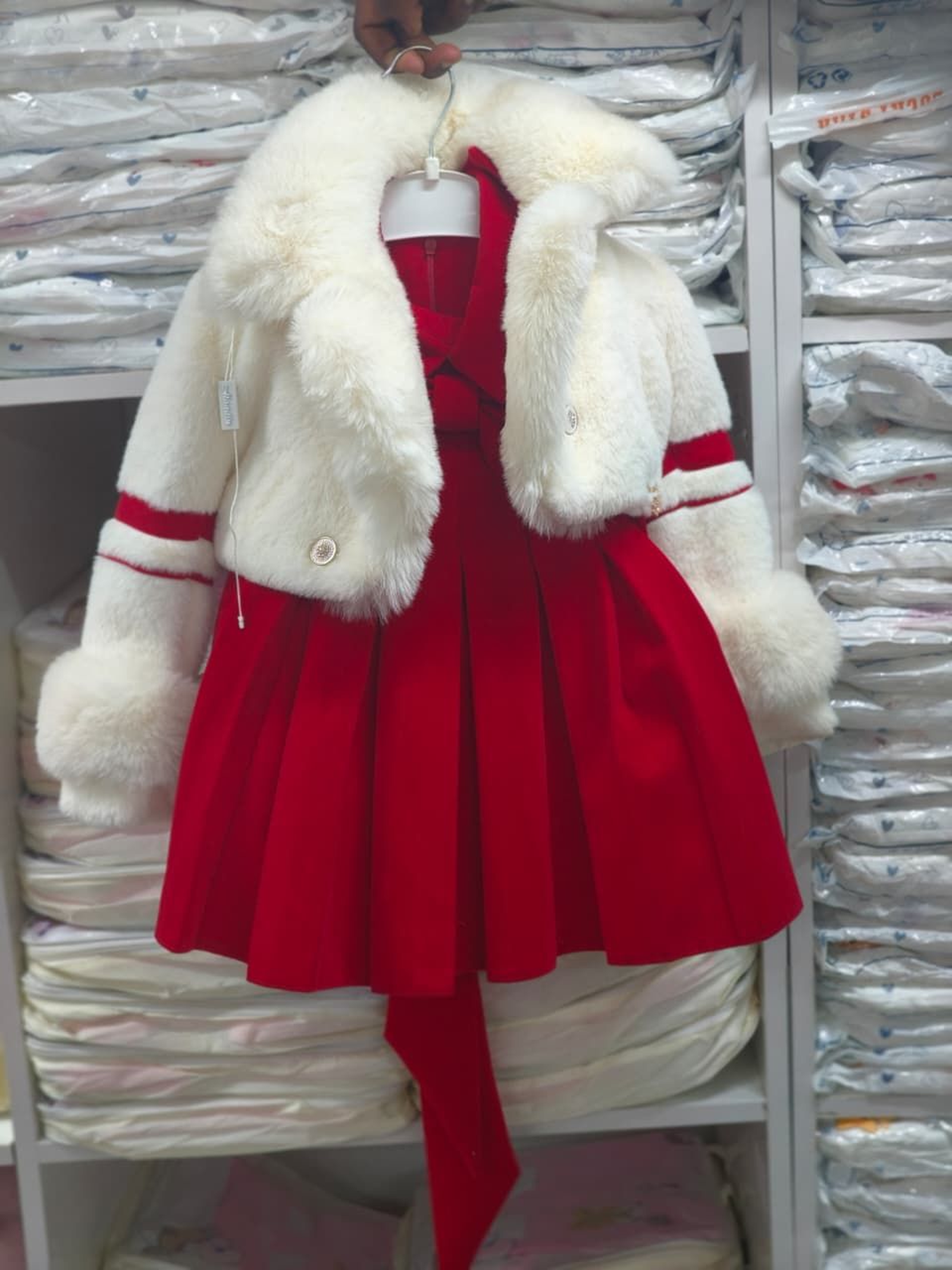Girls' Red Holiday Dress with Ivory Faux Fur Cropped Jacket Set
