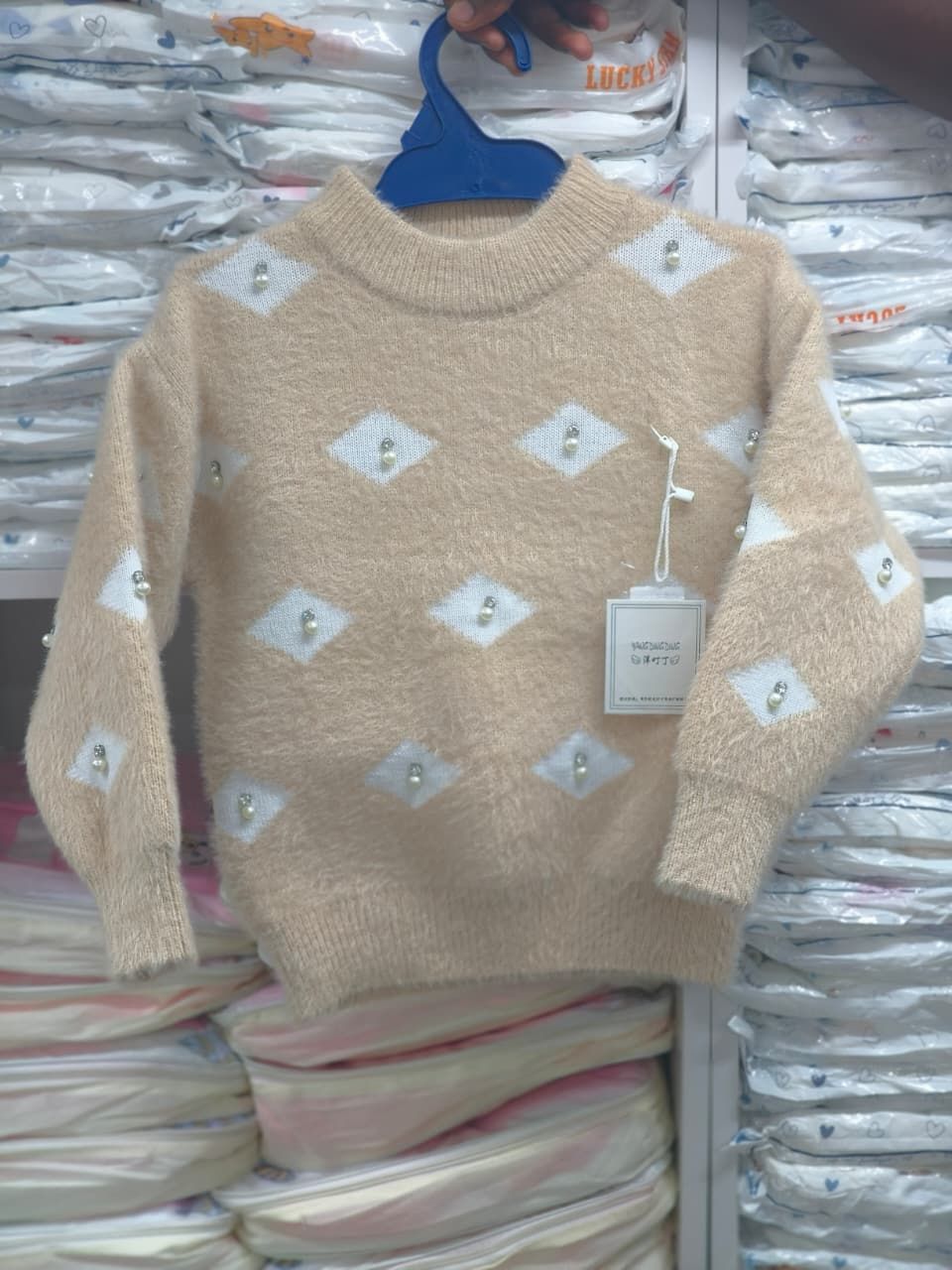 Girls' Fluffy Argyle-Style Sweater with Faux Pearl and Rhinestone Accents