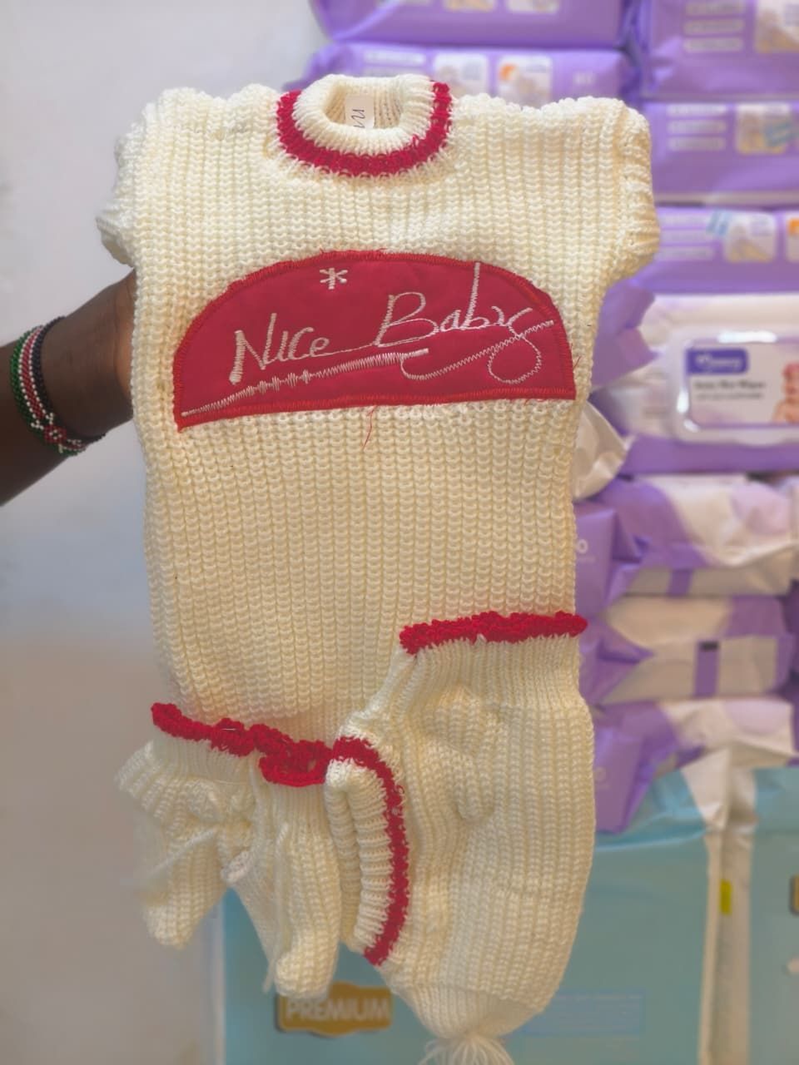Newborn Hand-Knit Cream Romper and Diaper Cover Set with 'Nice Baby' Appliqué