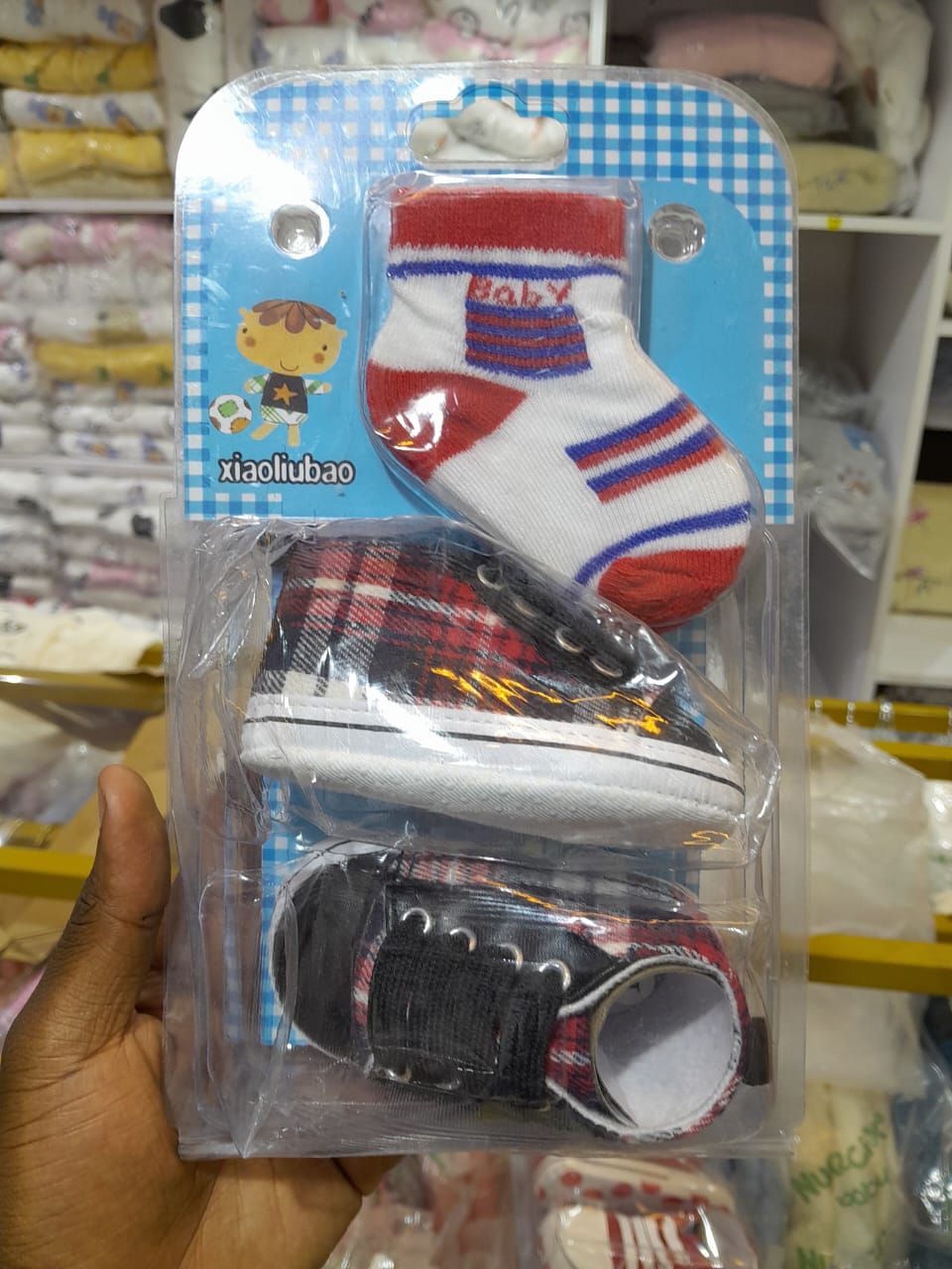 Plaid Baby Crib Shoes and Athletic Stripe Socks Gift Set - Red, Black, and White