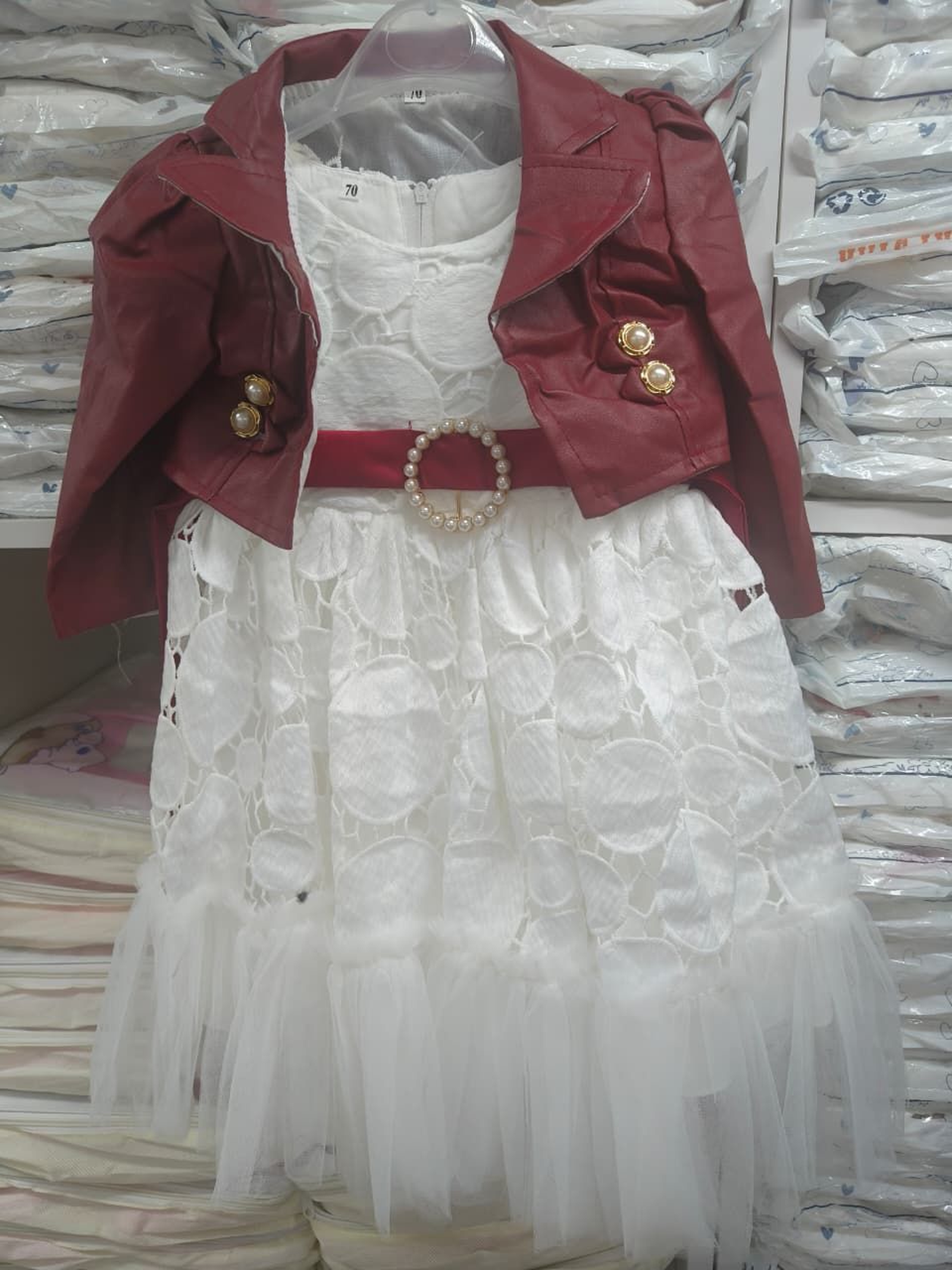 Girls' White Lace & Tulle Dress with Faux Leather Burgundy Bolero Jacket