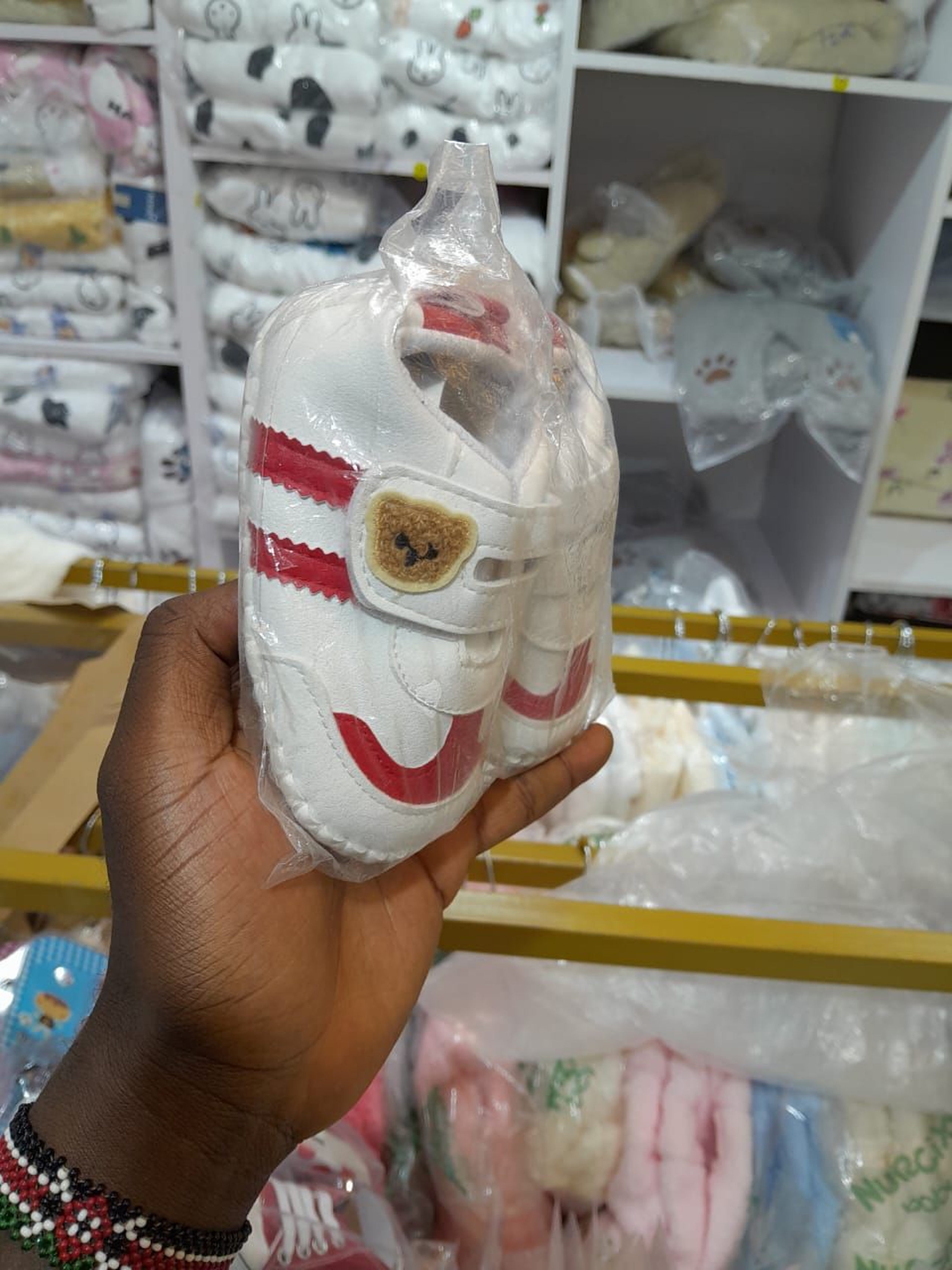 Infant Soft-Sole Sneaker Crib Shoes with Teddy Bear Accent - White and Red