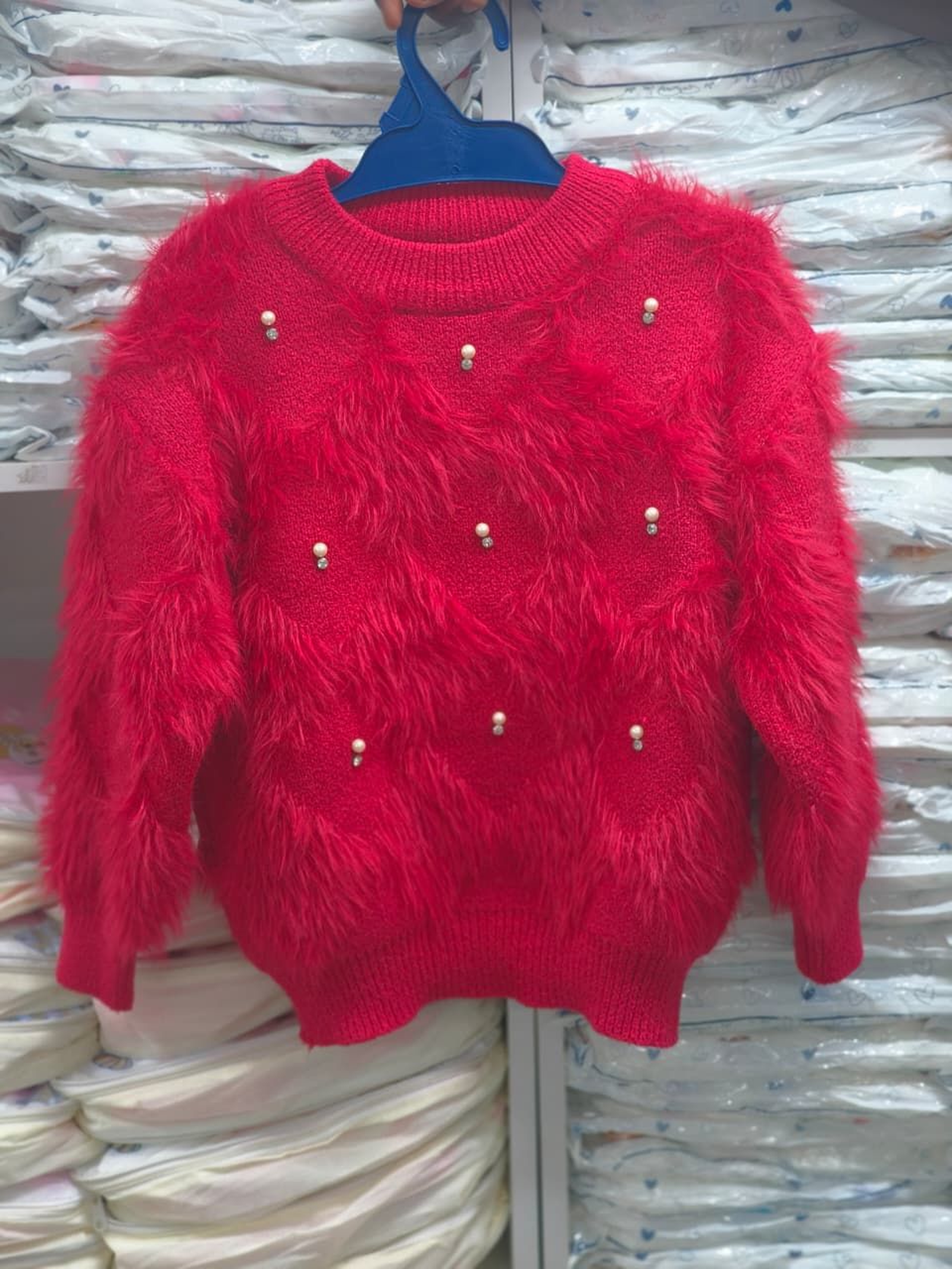Girls' Fluffy Argyle-Style Sweater with Faux Pearl and Rhinestone Accents