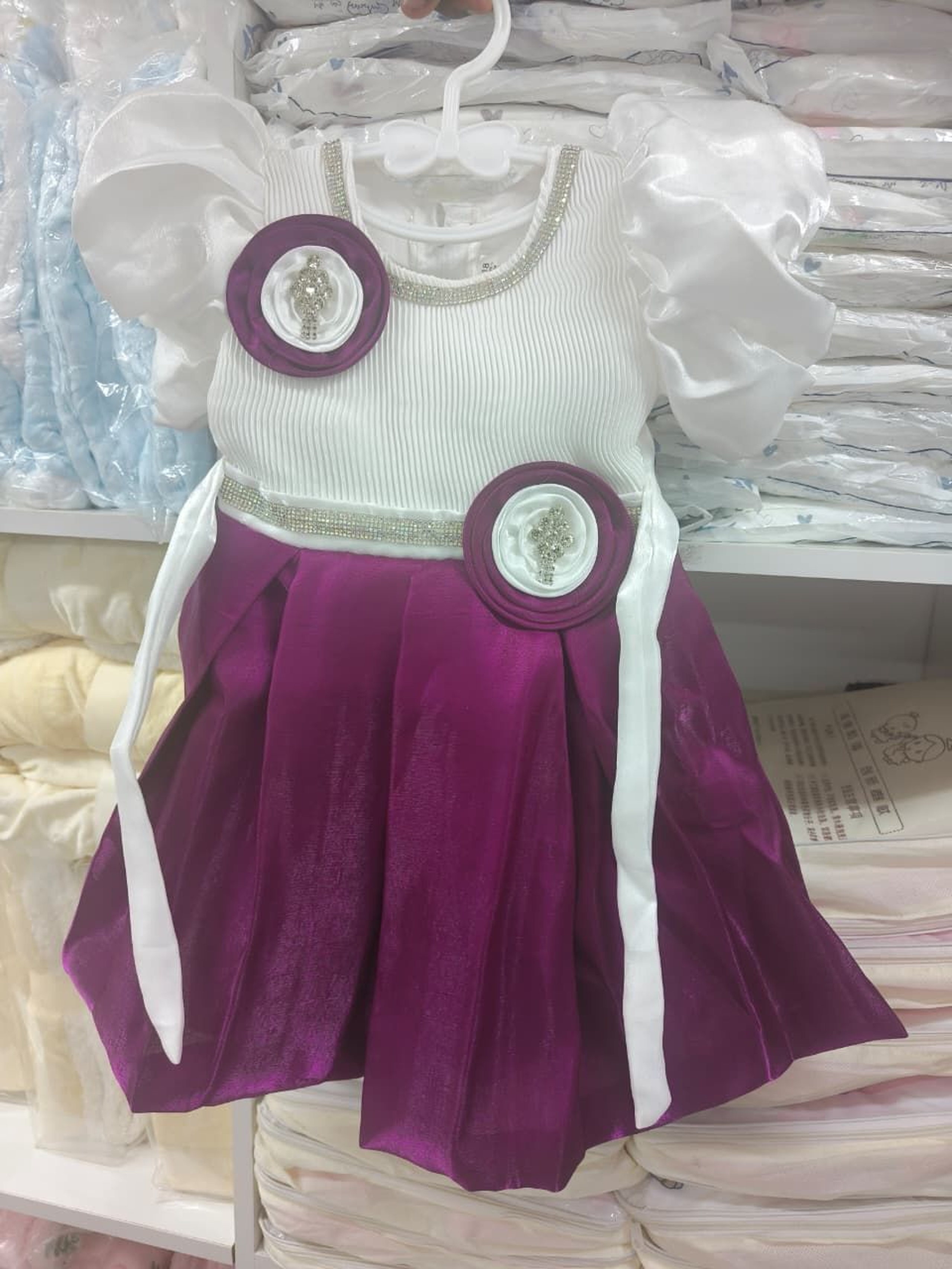 Toddler Girls' White Ribbed Bodice and Plum Satin Special Occasion Dress