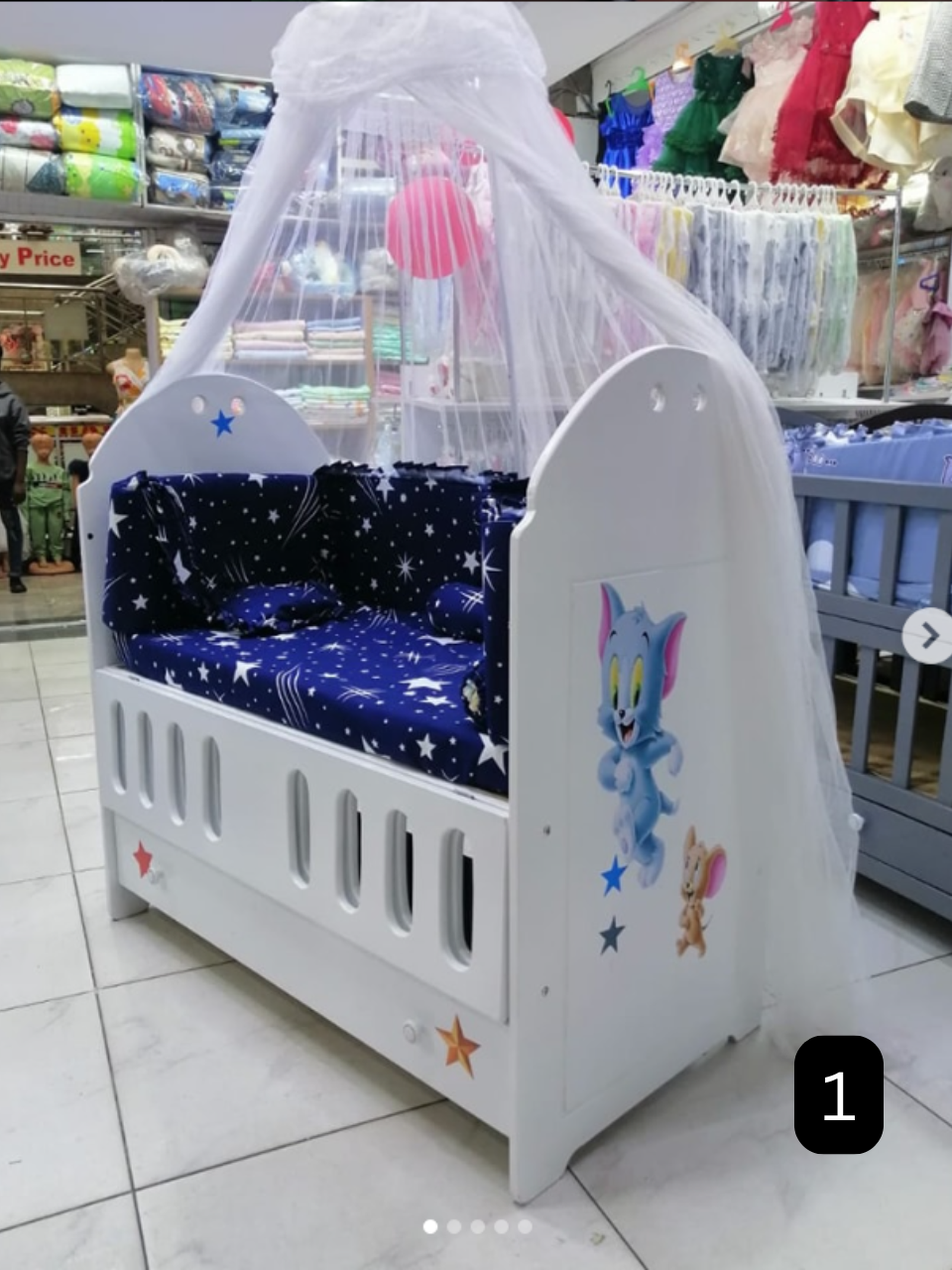 Luxury MDF Baby Cot (Convertible Options) - White with Pink Mickey & Minnie Bedding
